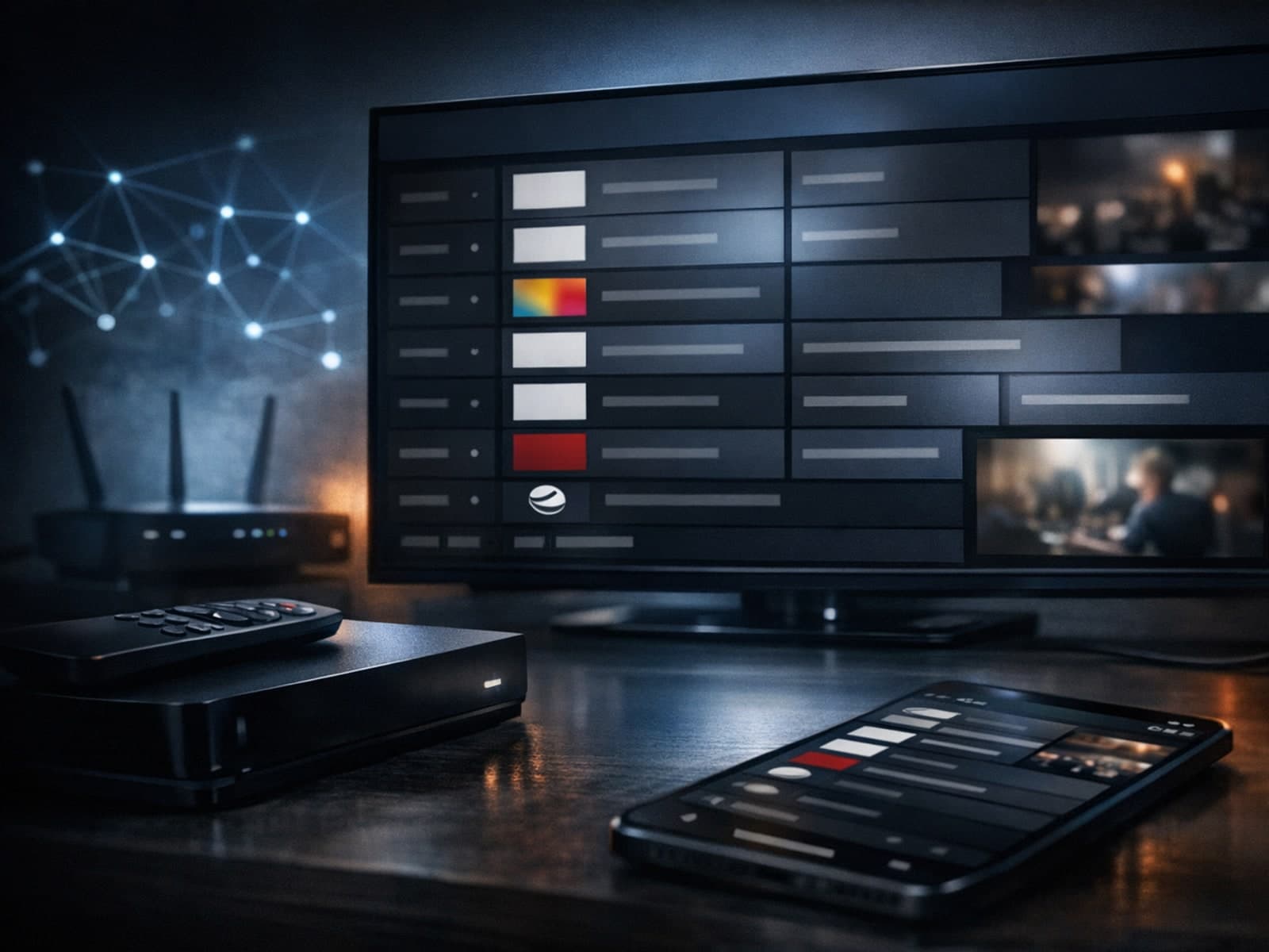 Dark blue themed IPTV interface displaying channel logos in TiviMate