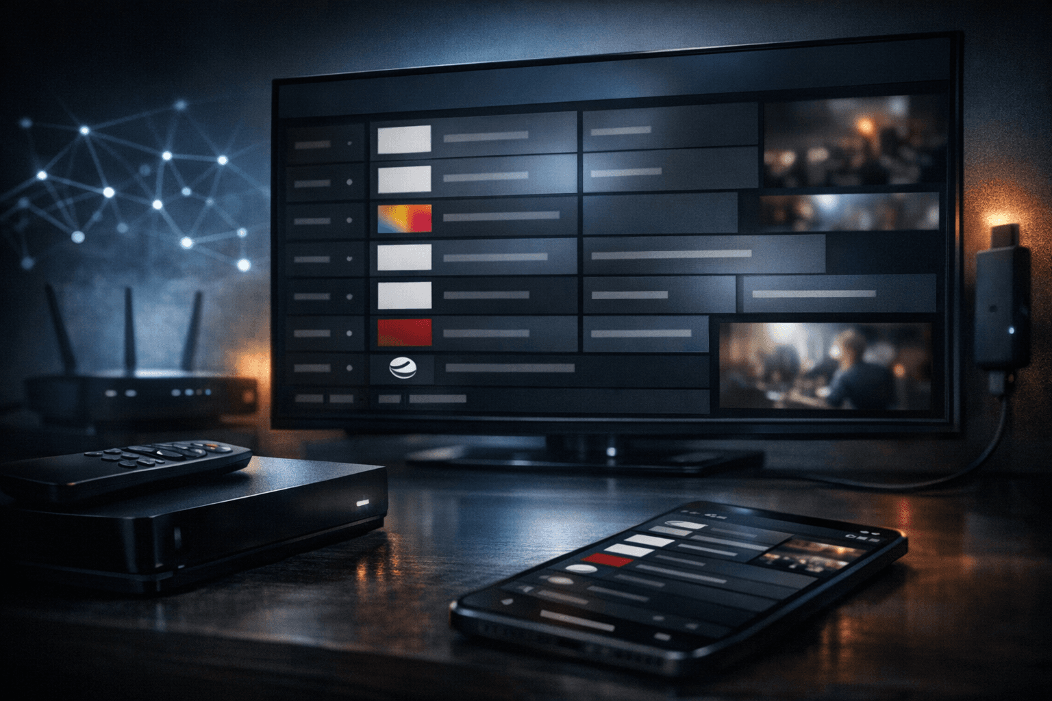 Dark blue themed IPTV interface displaying channel logos in TiviMate