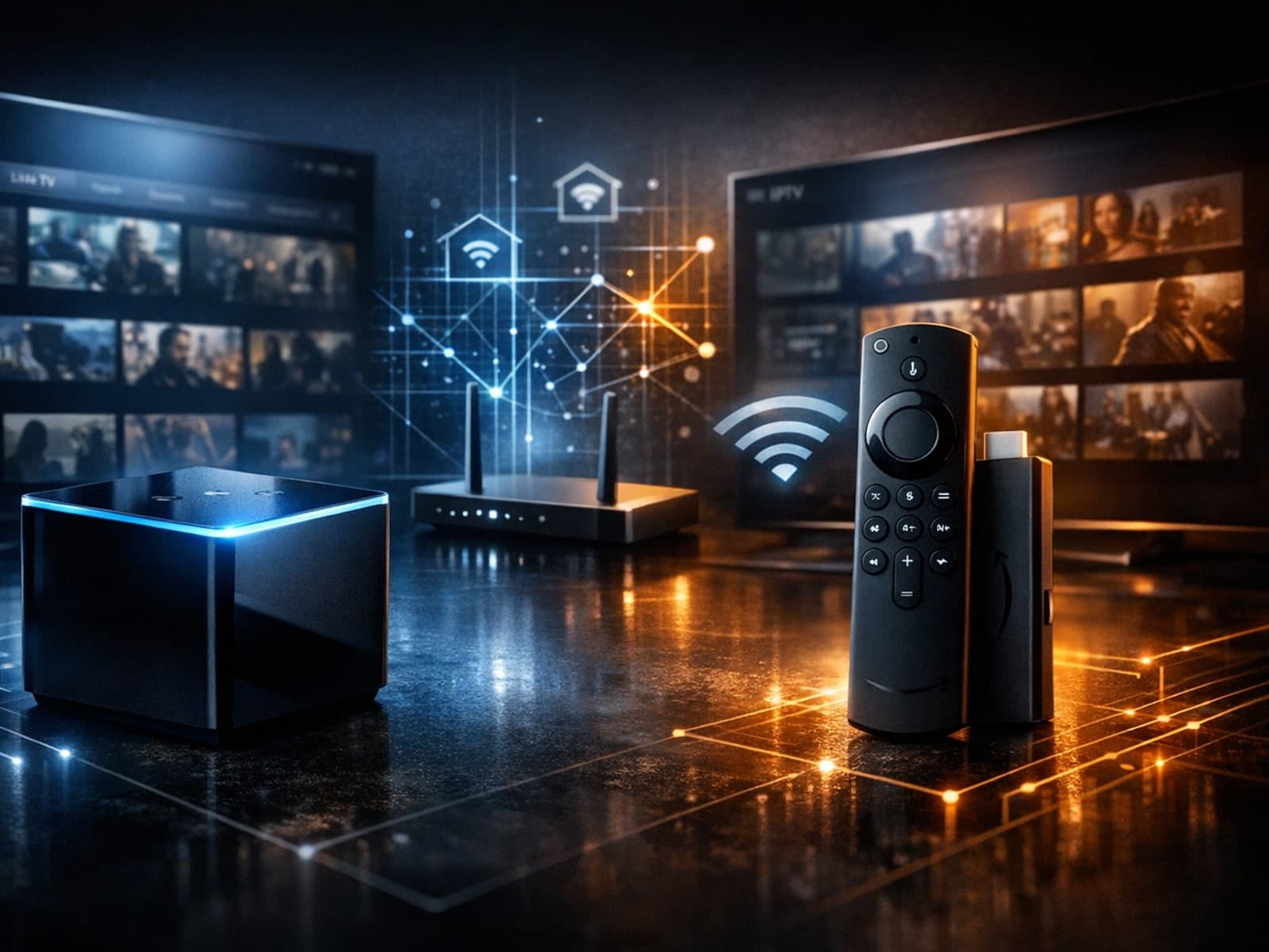 Illustration showing Fire TV Cube and Fire TV Stick 4K Max with IPTV streaming icons on a dark blue background