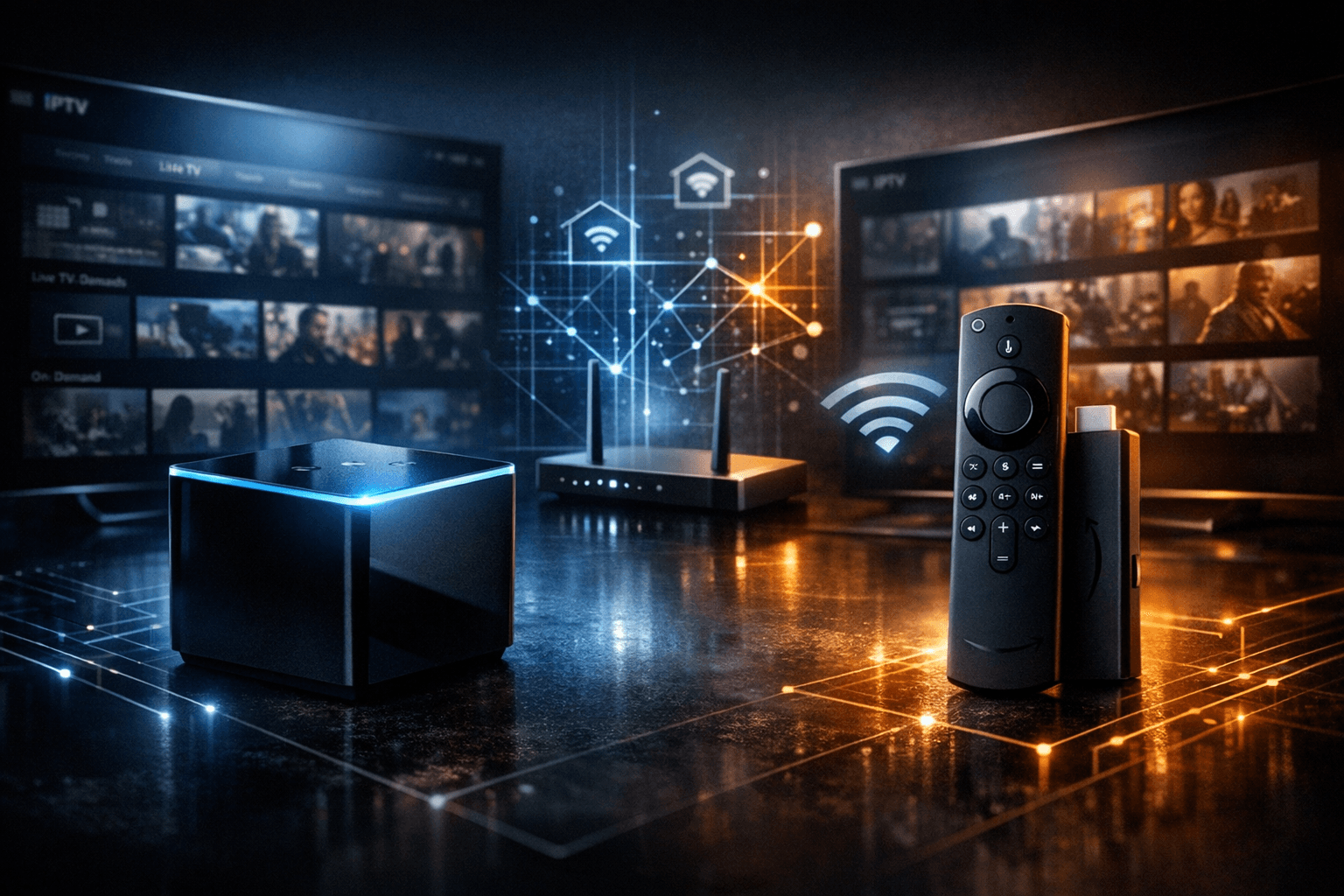 Illustration showing Fire TV Cube and Fire TV Stick 4K Max with IPTV streaming icons on a dark blue background