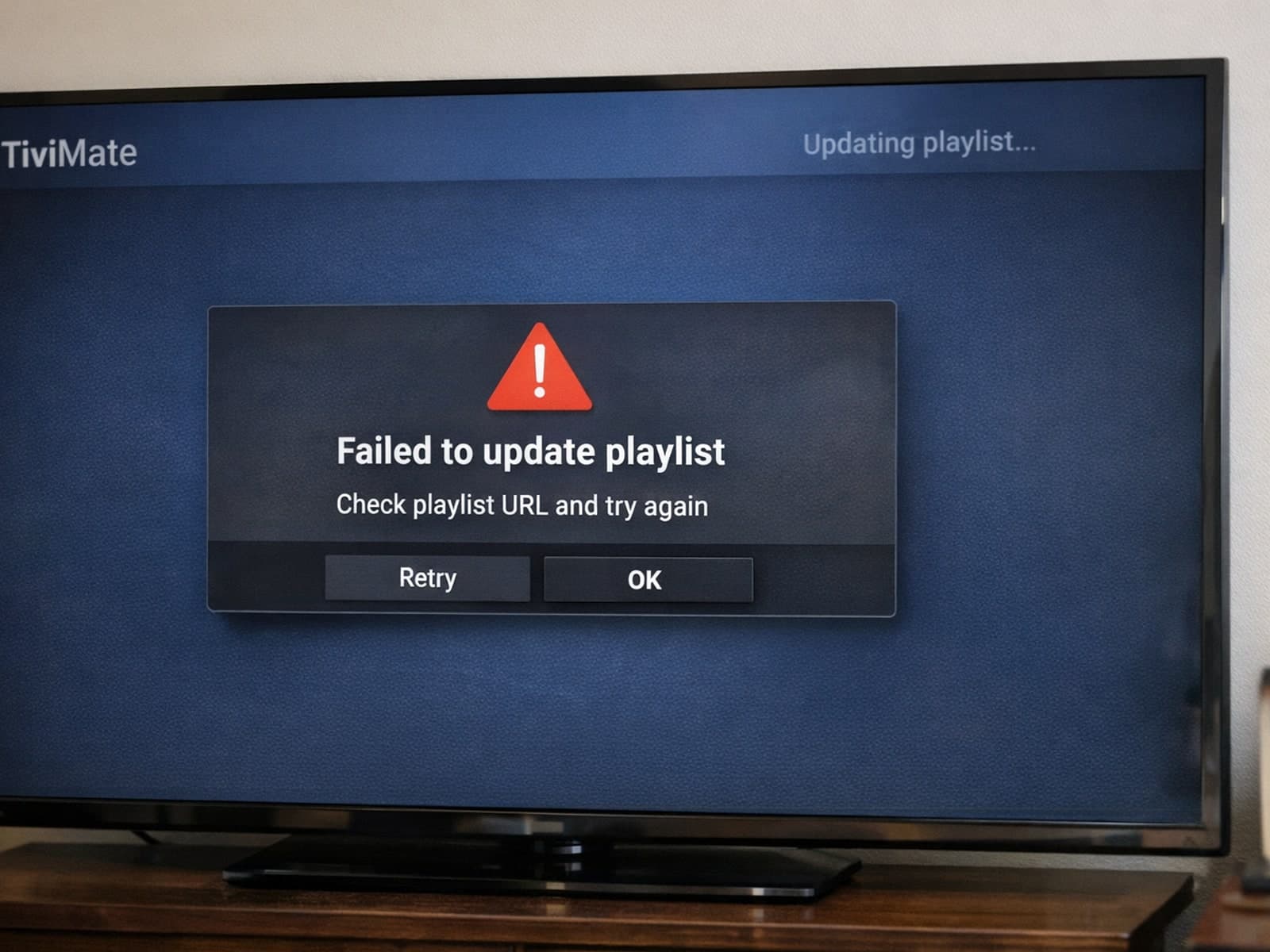 Illustration of a digital IPTV playlist refresh issue on a dark blue themed screen