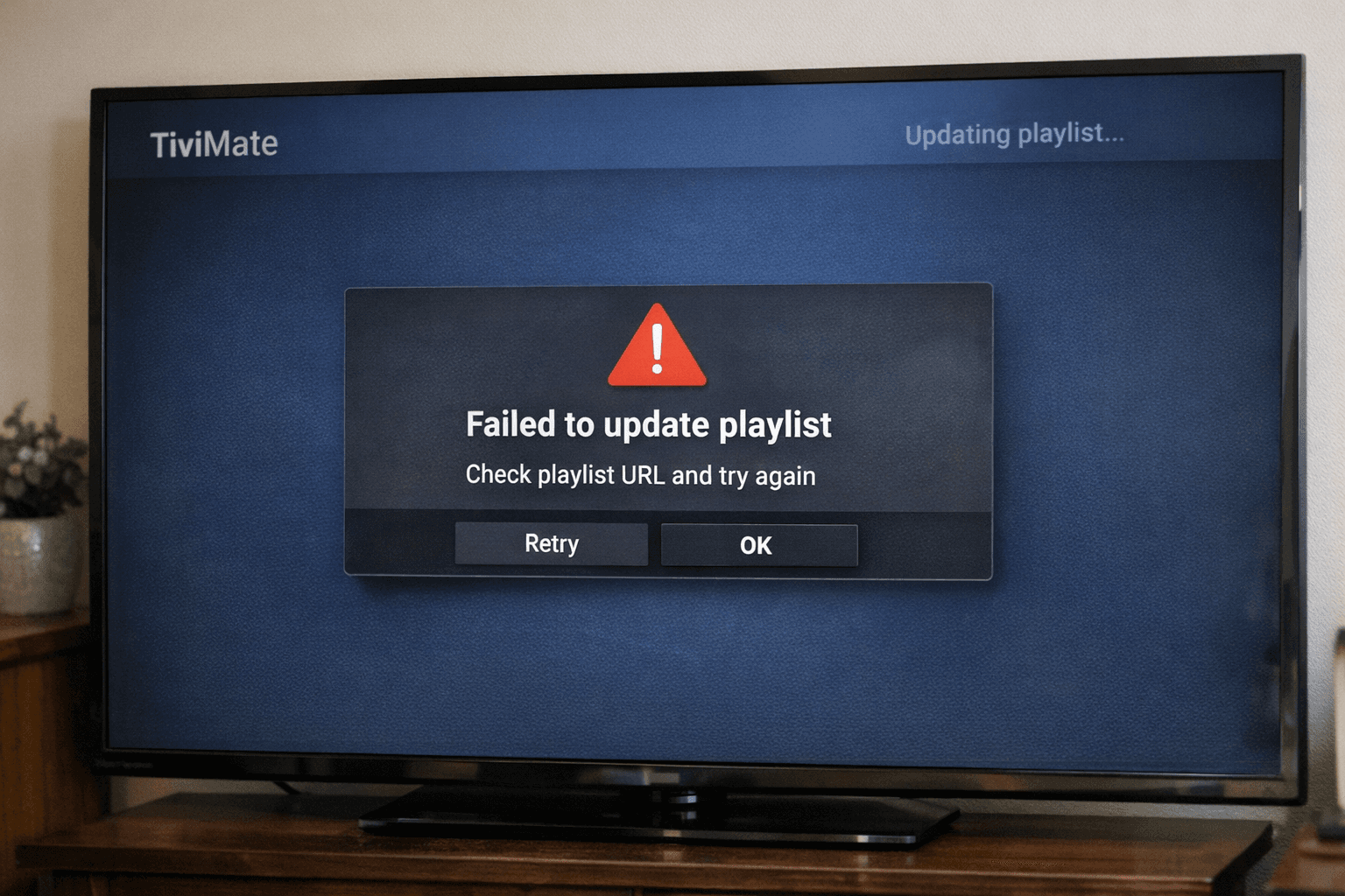 Illustration of a digital IPTV playlist refresh issue on a dark blue themed screen