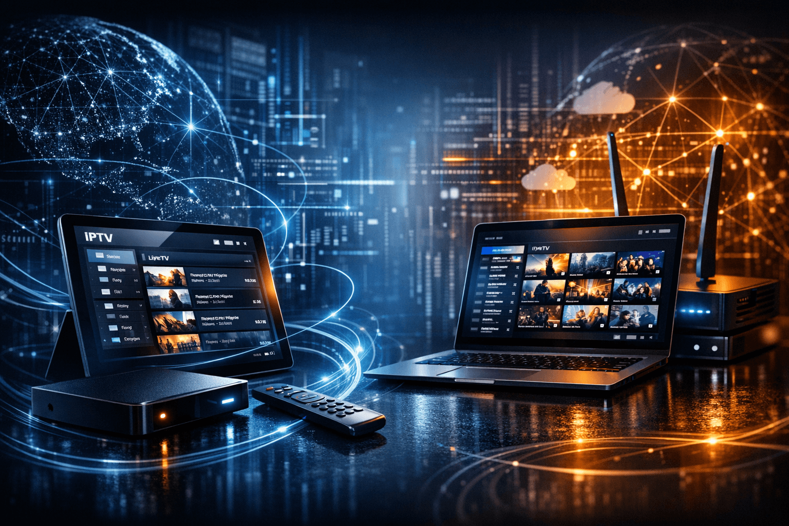 Abstract dark blue IPTV interface illustration showing playlist update icons symbolizing M3U Plus and Xtream Codes API