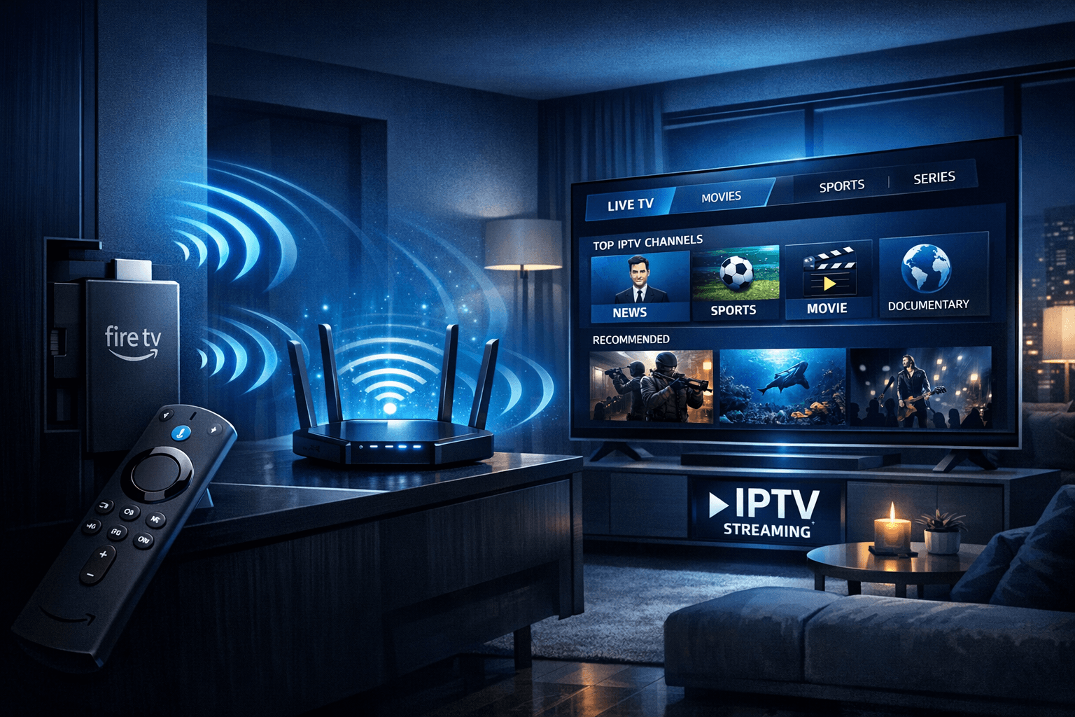 Fire TV Stick connected to WiFi router with IPTV streaming on screen