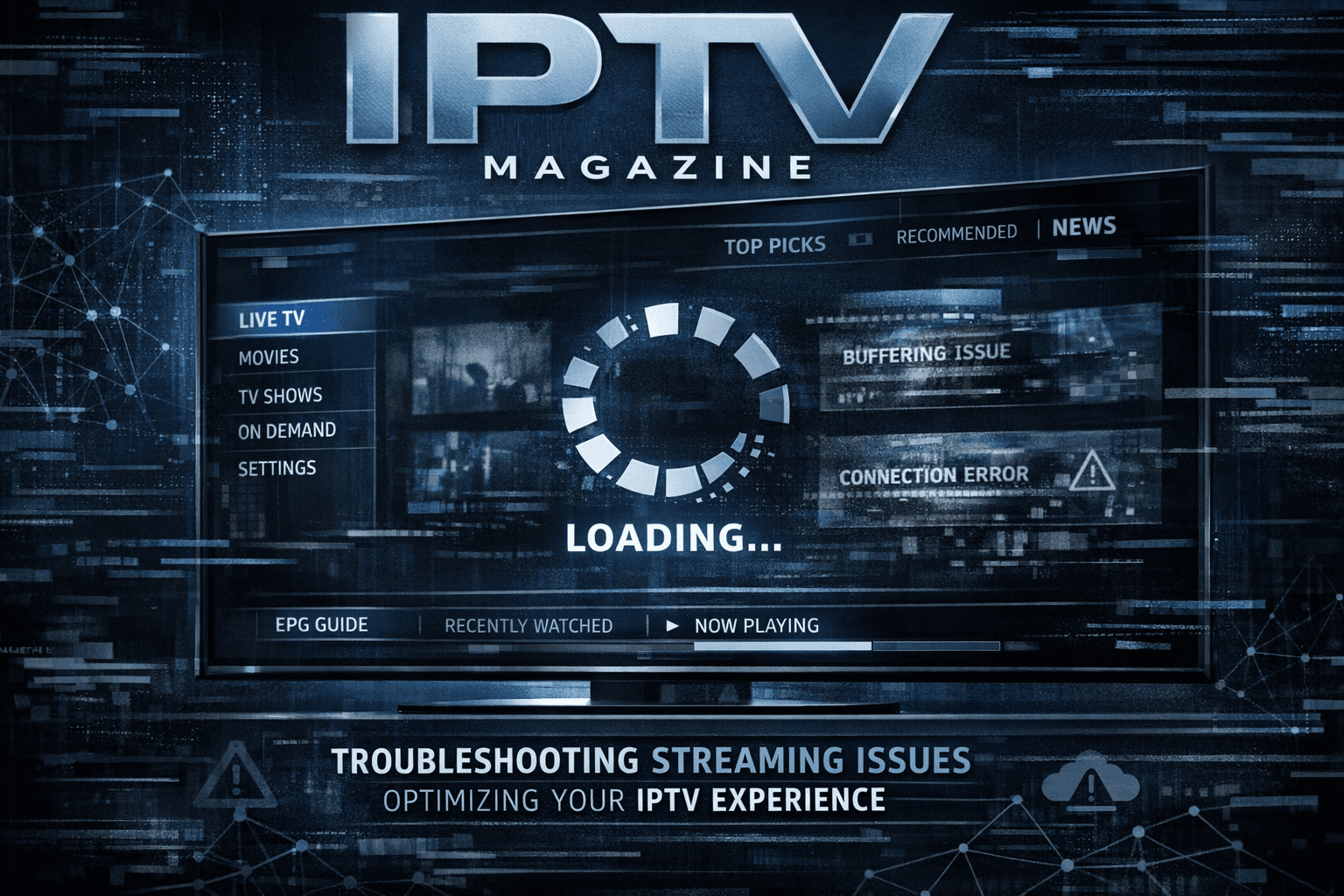 Illustration of a digital IPTV interface with a playlist refresh icon and troubleshooting symbols on a dark blue background.