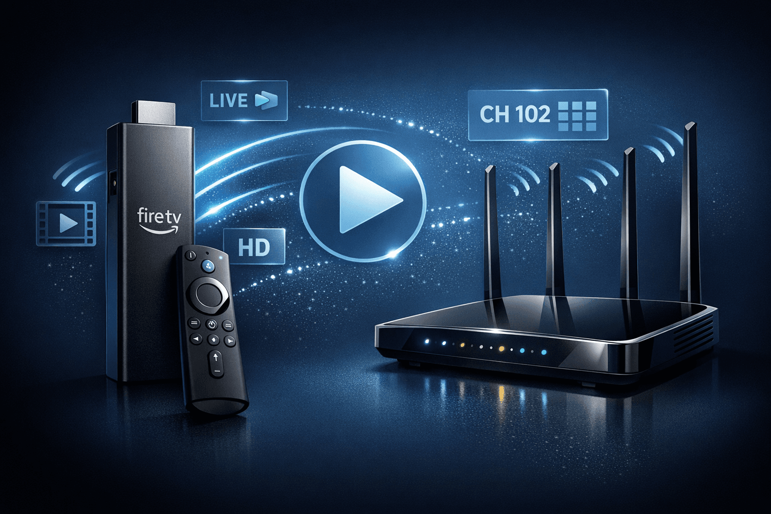 Illustration of a Fire TV Stick connected to a WiFi router with IPTV streaming interface on a dark blue background