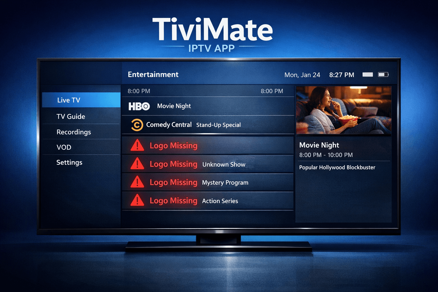 TiviMate IPTV app showing channel logos on Android TV