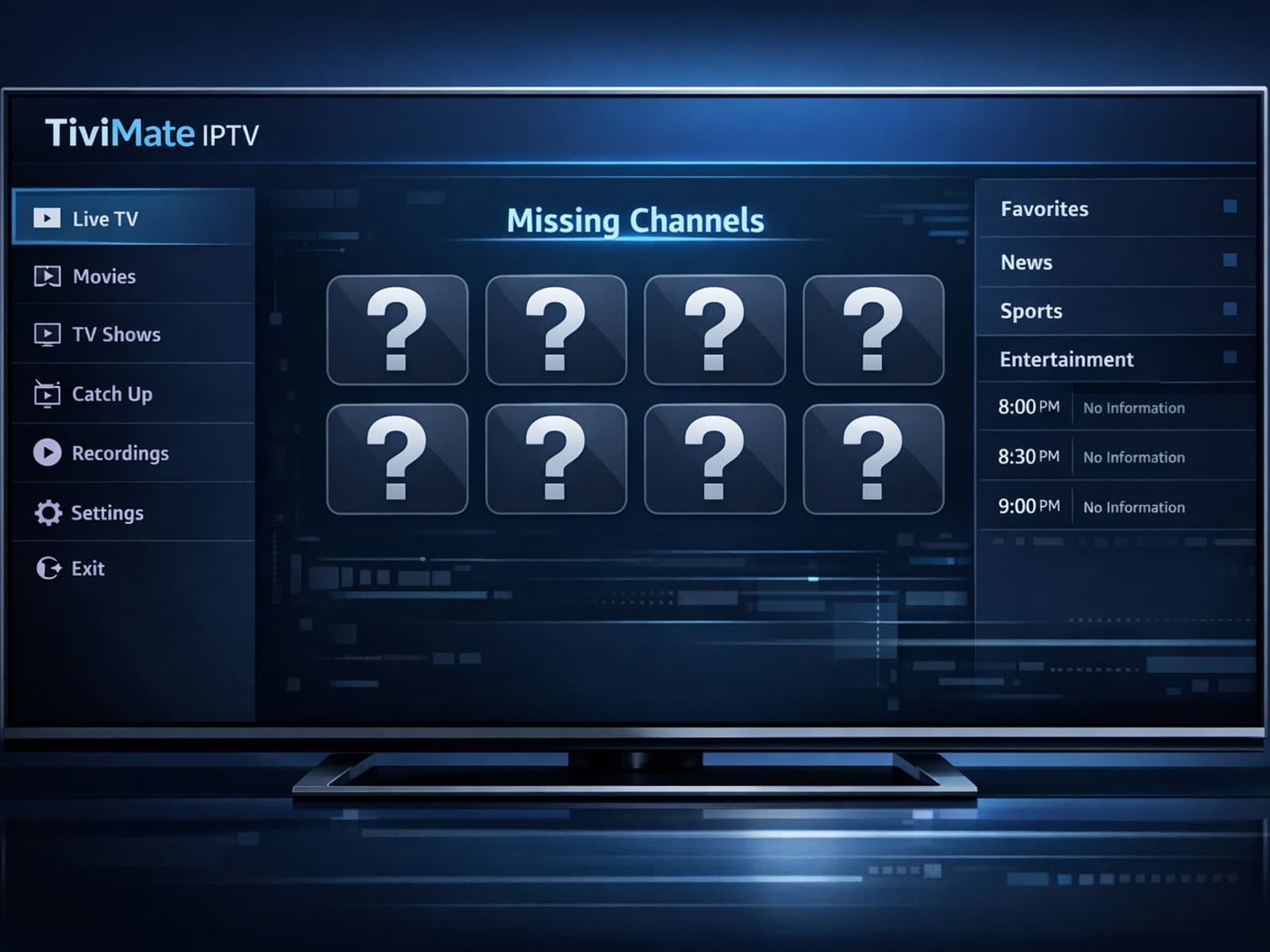 Illustration of a TV screen with missing IPTV channel logos in TiviMate app, dark blue themed editorial style