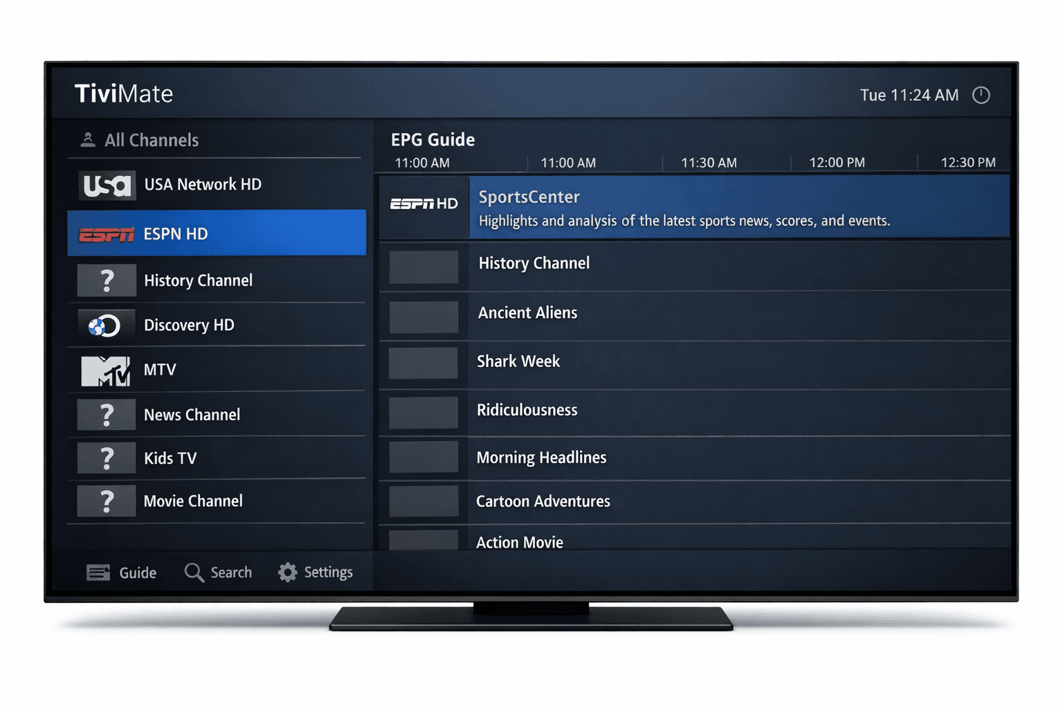 TiviMate IPTV app displaying channel logos on Android TV