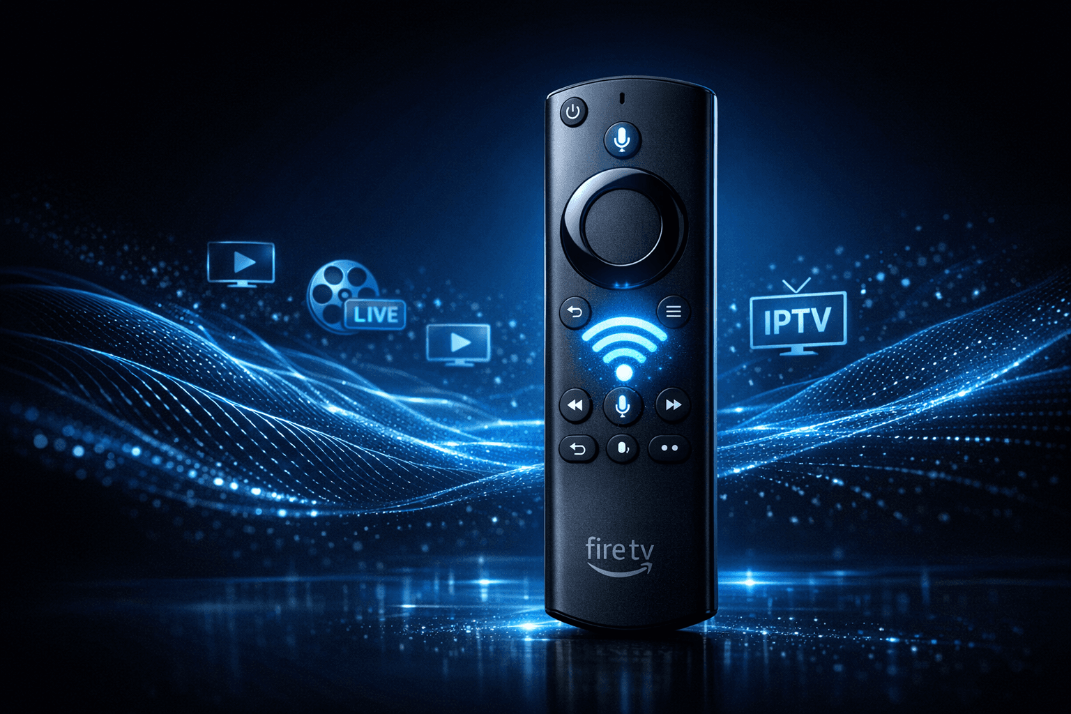 Fire TV Stick remote with WiFi signal icon on dark blue IPTV background