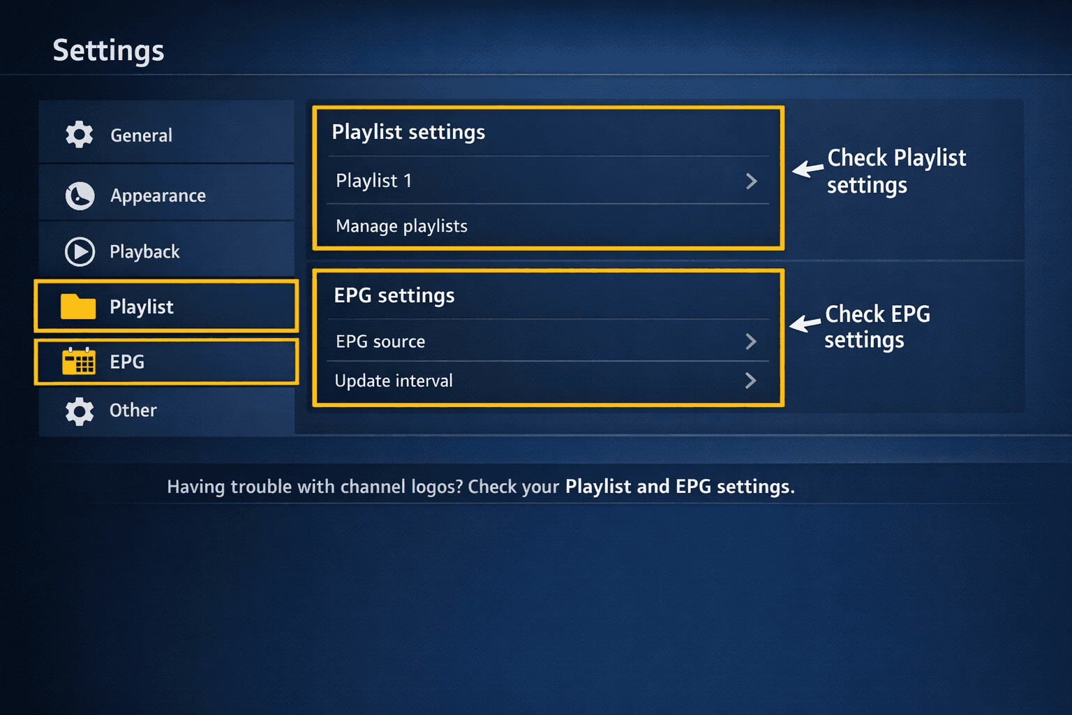 TiviMate IPTV player displaying channel list without logos on a TV screen