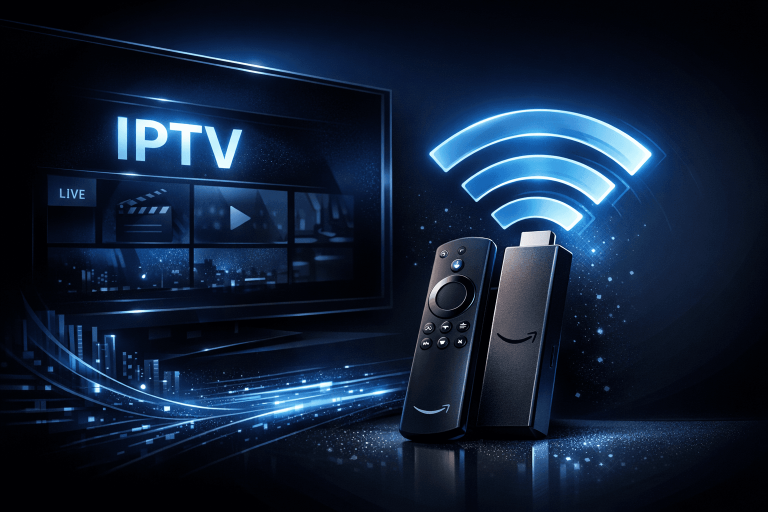Fire TV Stick connected to a WiFi router with IPTV streaming on screen