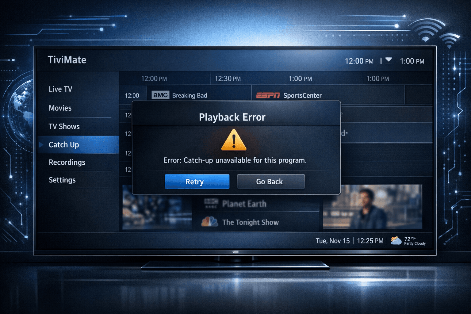 TiviMate app interface showing IPTV catch-up feature troubleshooting