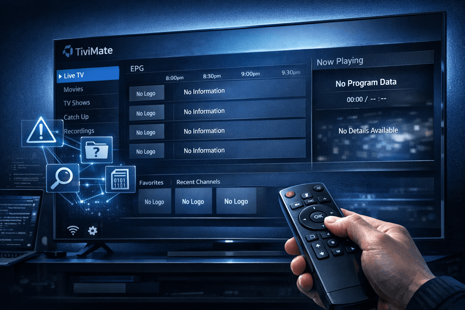 TiviMate app interface showing channels with and without logos