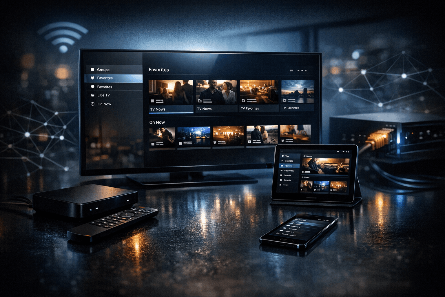 TiviMate IPTV interface showing organized channel groups and favorites on a dark blue themed screen