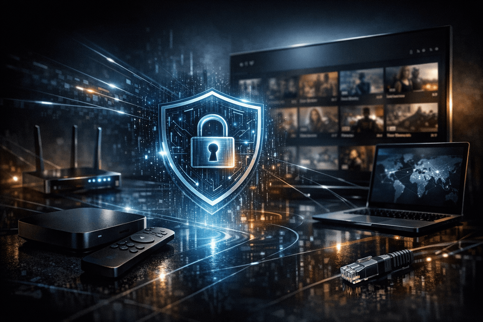 Editorial style illustration of VPN and IPTV streaming on digital devices against dark blue background