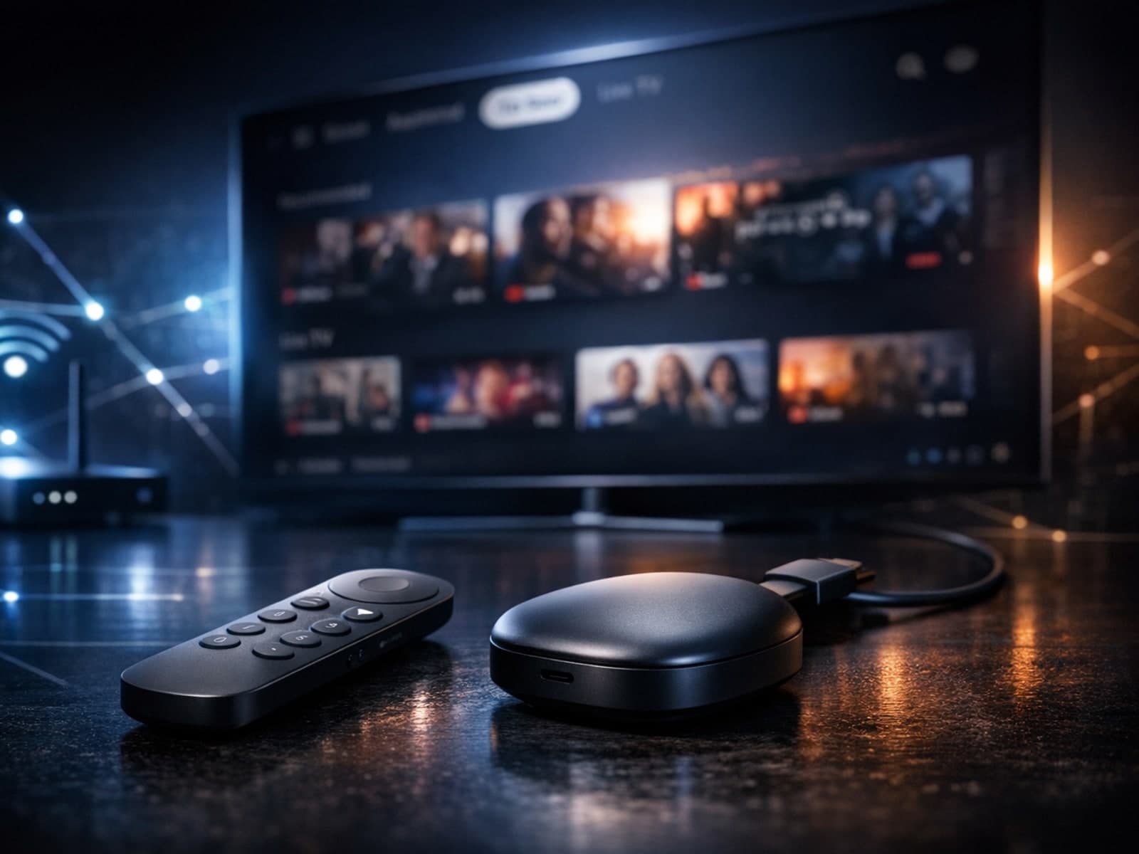 Google TV Streamer device with UI on a dark blue background