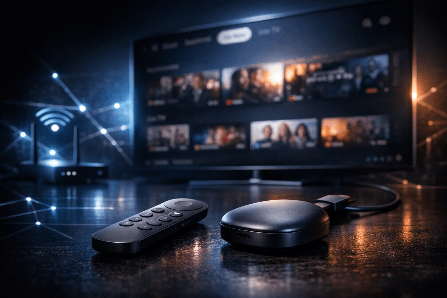 Google TV Streamer device with UI on a dark blue background