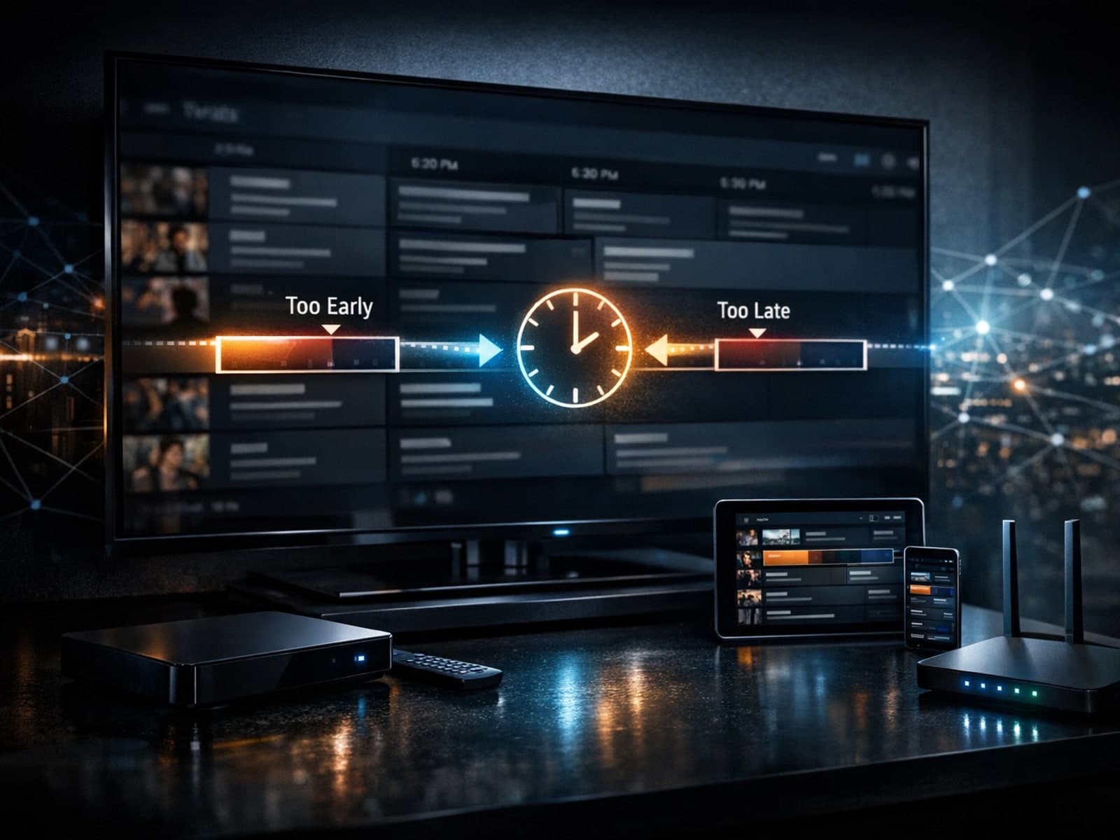 Illustration of TiviMate IPTV interface with digital clock and program guide, in dark blue theme