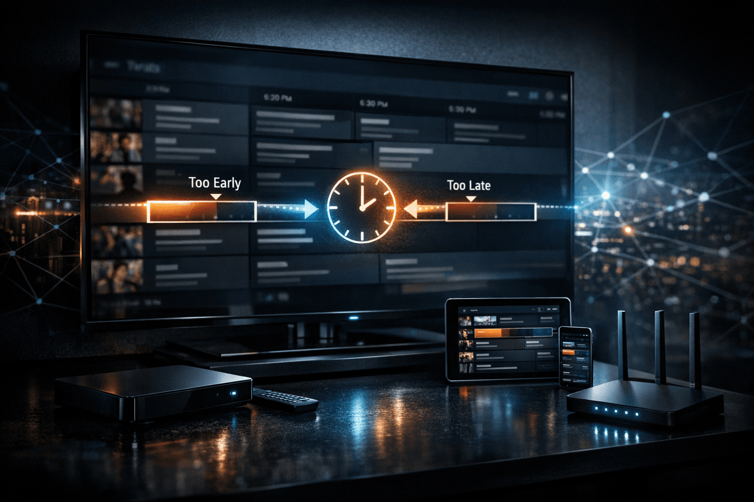 Illustration of TiviMate IPTV interface with digital clock and program guide, in dark blue theme