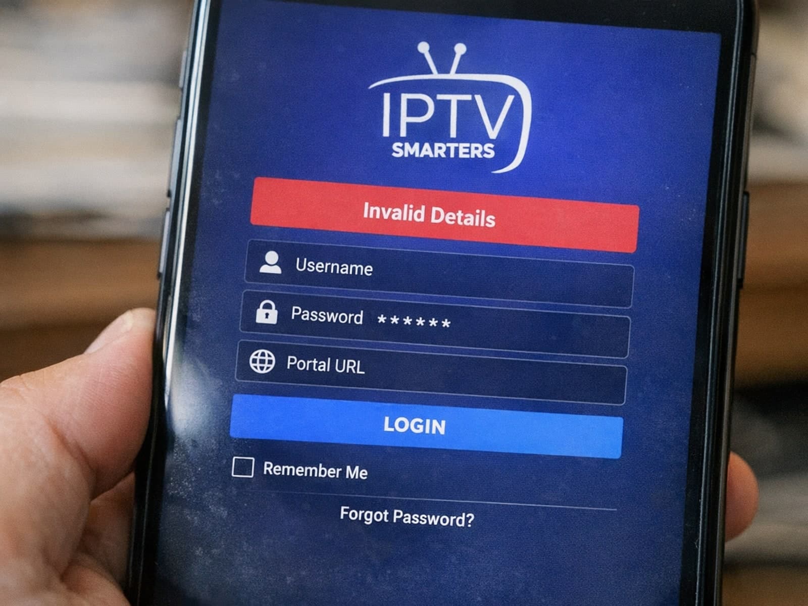 IPTV Smarters app login screen showing 'Invalid Details' error on dark blue background