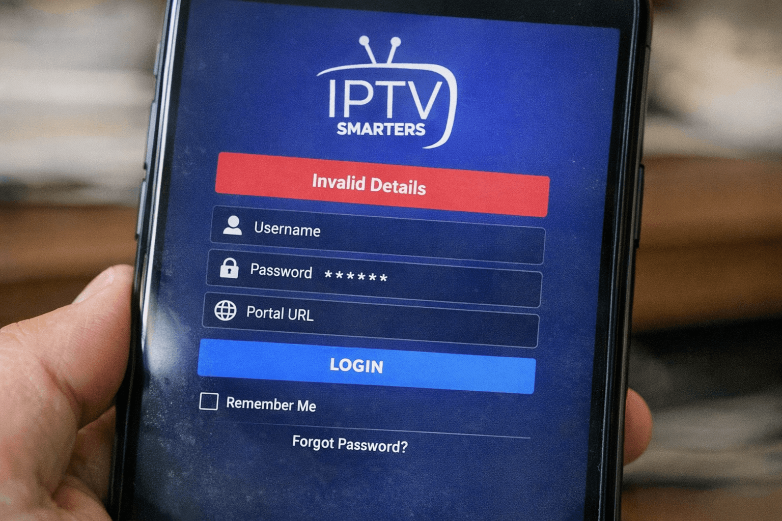 IPTV Smarters app login screen showing 'Invalid Details' error on dark blue background