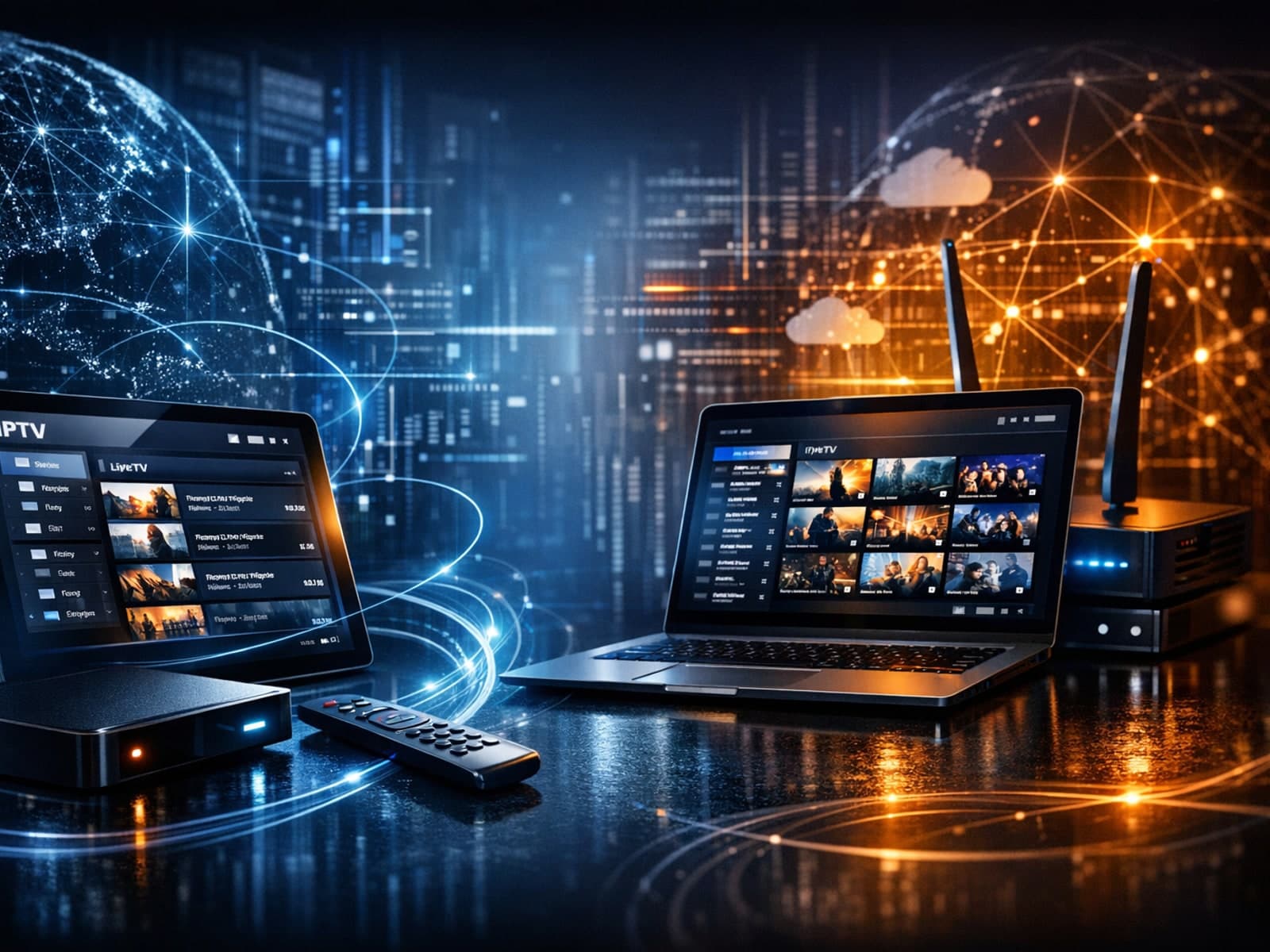 Abstract dark blue IPTV interface illustration showing playlist update icons symbolizing M3U Plus and Xtream Codes API