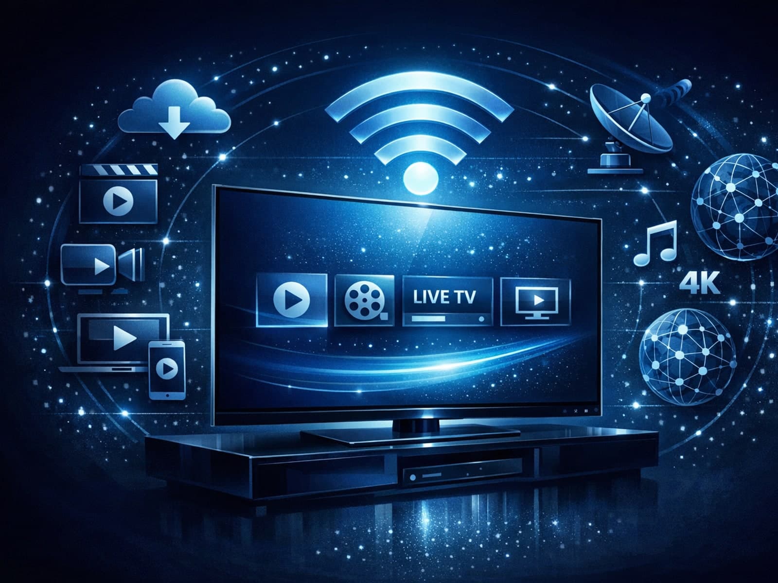 An elegant dark blue themed editorial illustration showing a modern digital TV connected wirelessly to a network with IPTV icons and streaming symbols