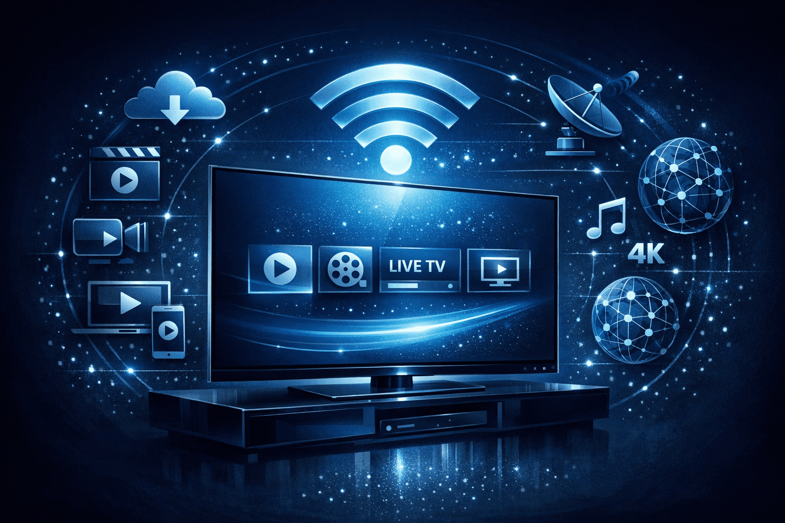An elegant dark blue themed editorial illustration showing a modern digital TV connected wirelessly to a network with IPTV icons and streaming symbols