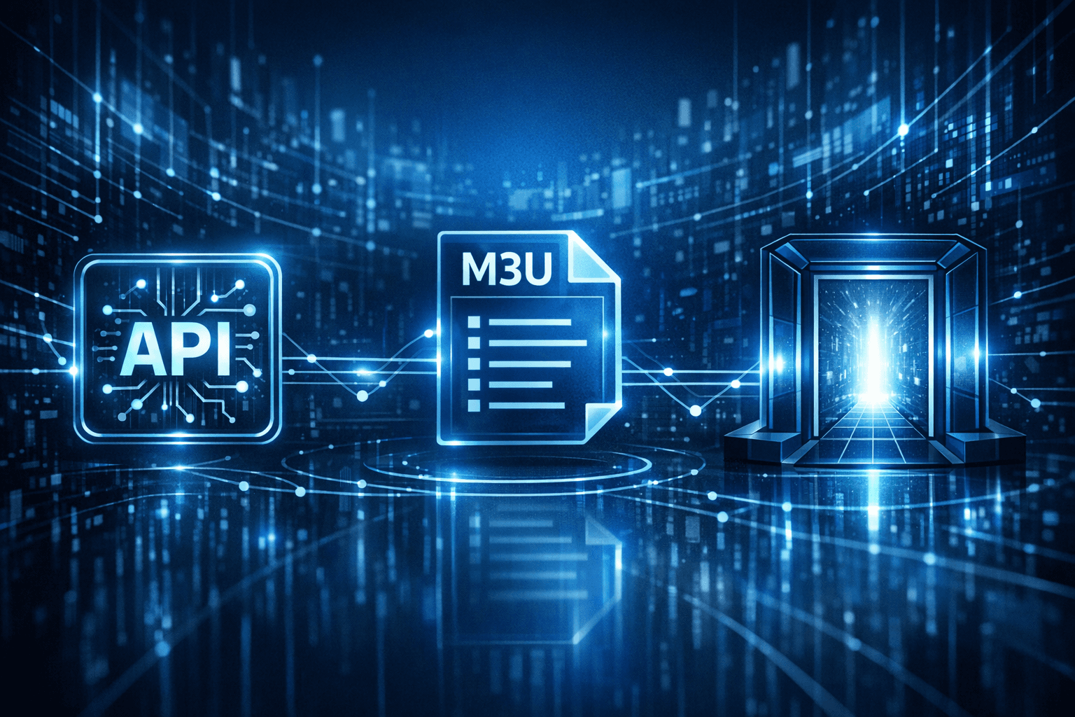 Digital illustration of interconnected IPTV streaming icons on a dark blue background symbolizing Xtream Codes, M3U, and Stalker Portal playlists