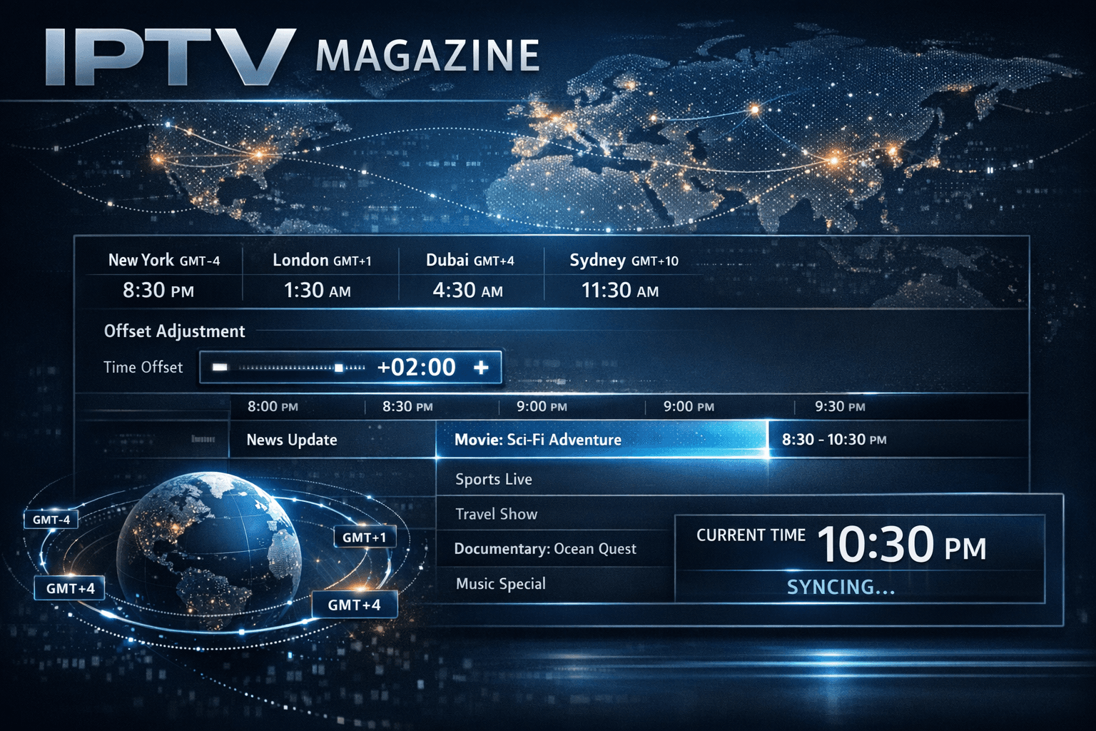 TiviMate app showing electronic program guide with time settings