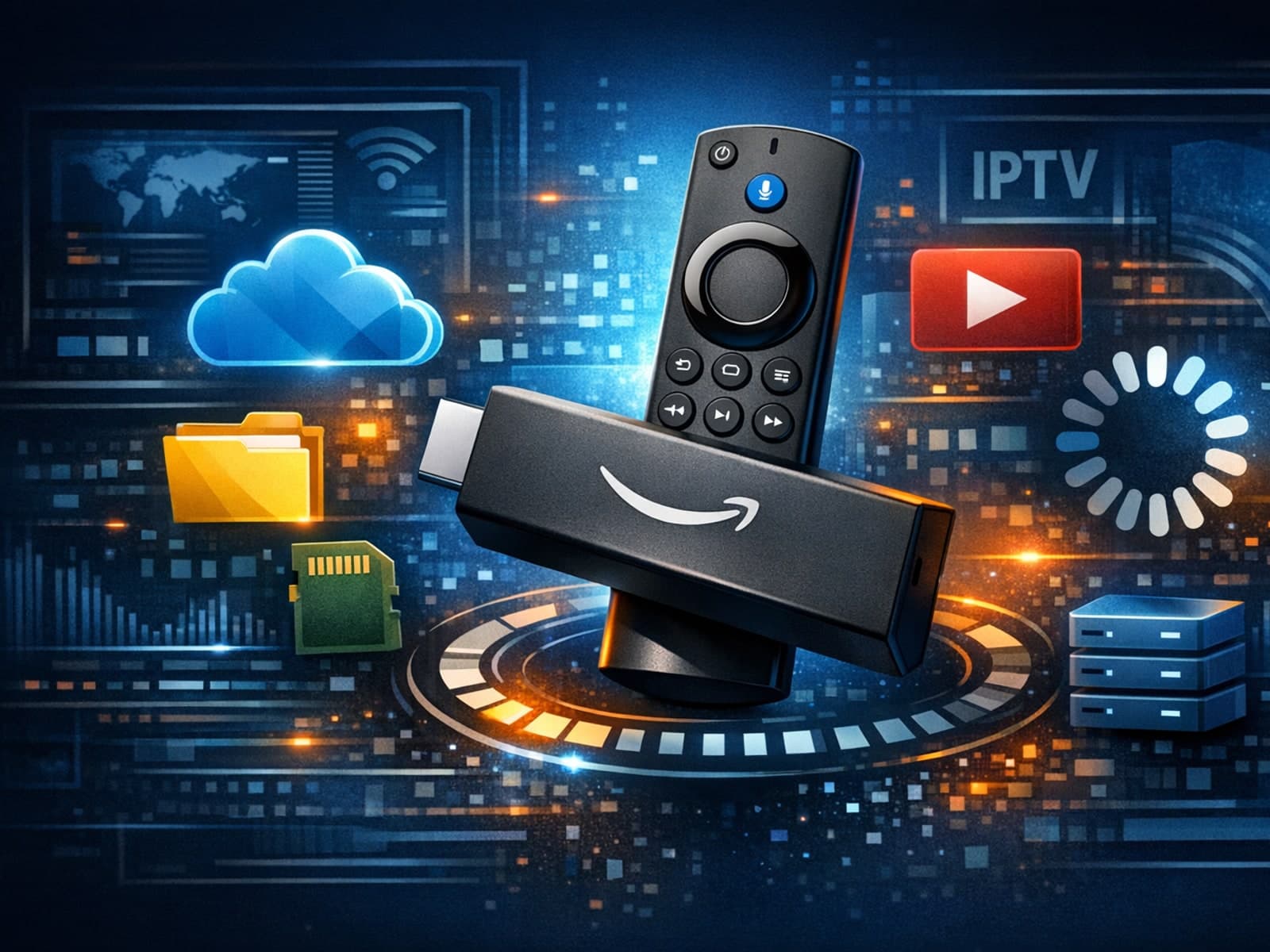 Fire TV Stick remote and on-screen storage settings menu with IPTV buffering
