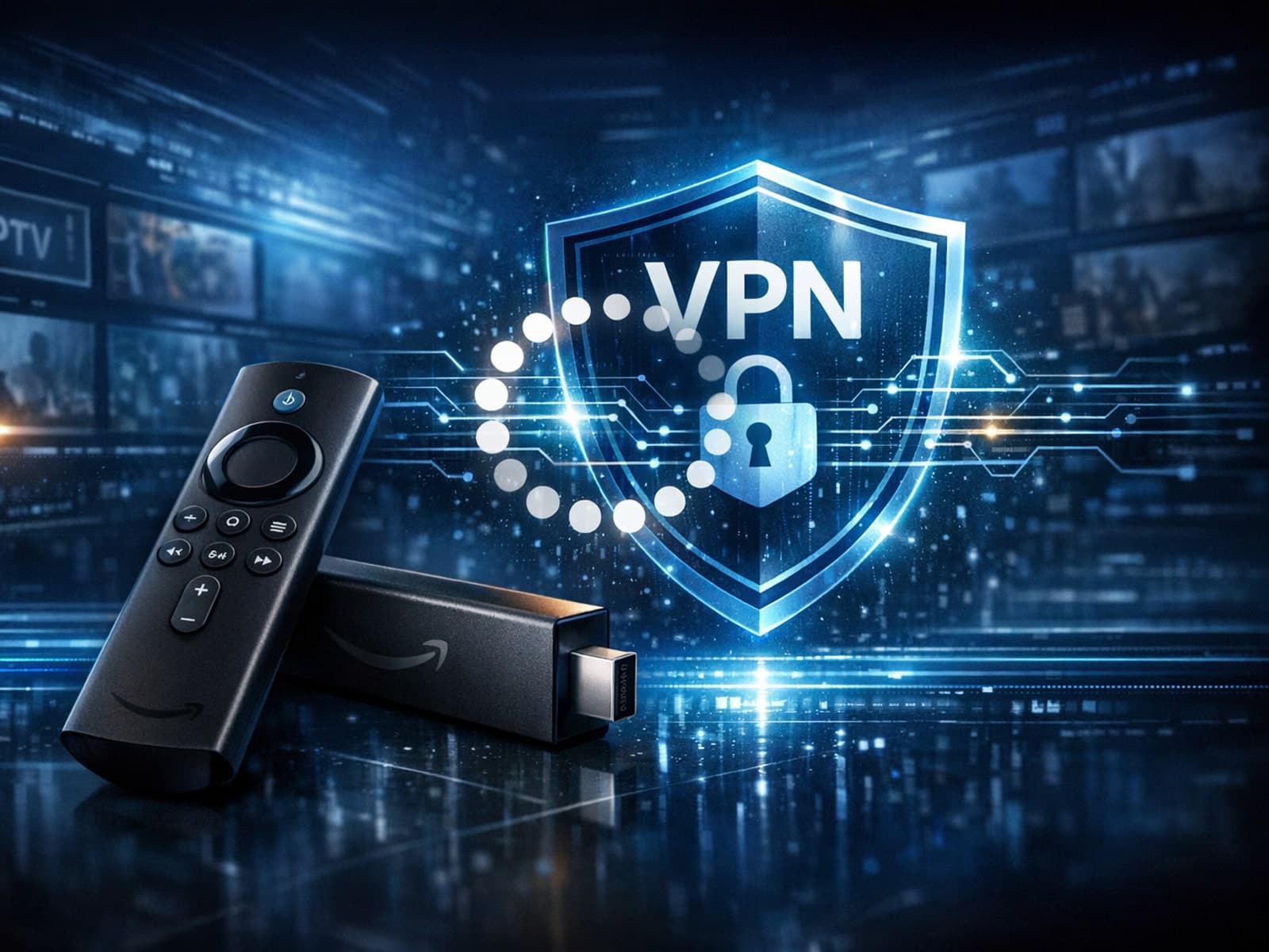Digital illustration of a Firestick streaming device with a VPN shield icon causing slow IPTV buffering symbolized by loading circles, dark blue tone