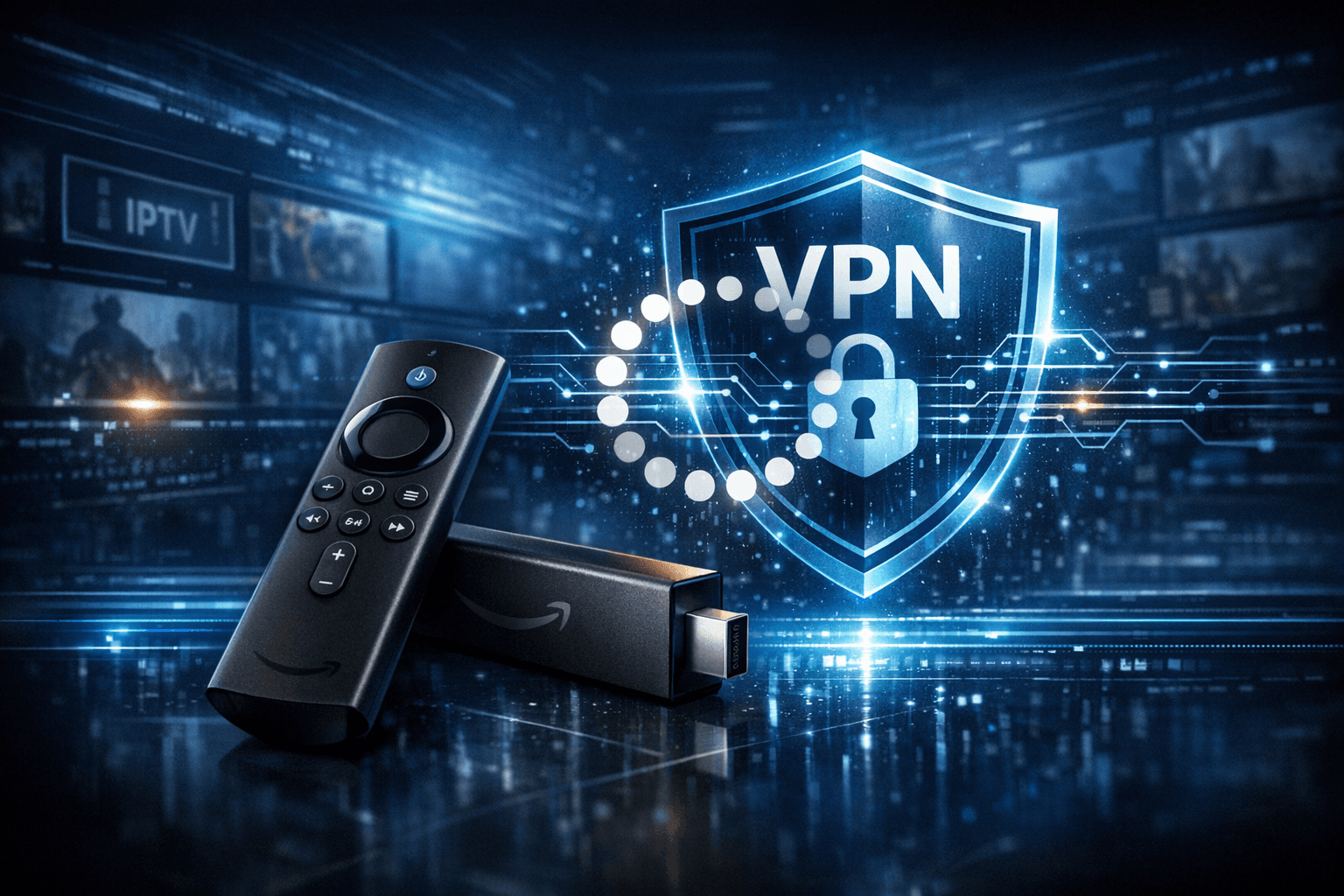Digital illustration of a Firestick streaming device with a VPN shield icon causing slow IPTV buffering symbolized by loading circles, dark blue tone