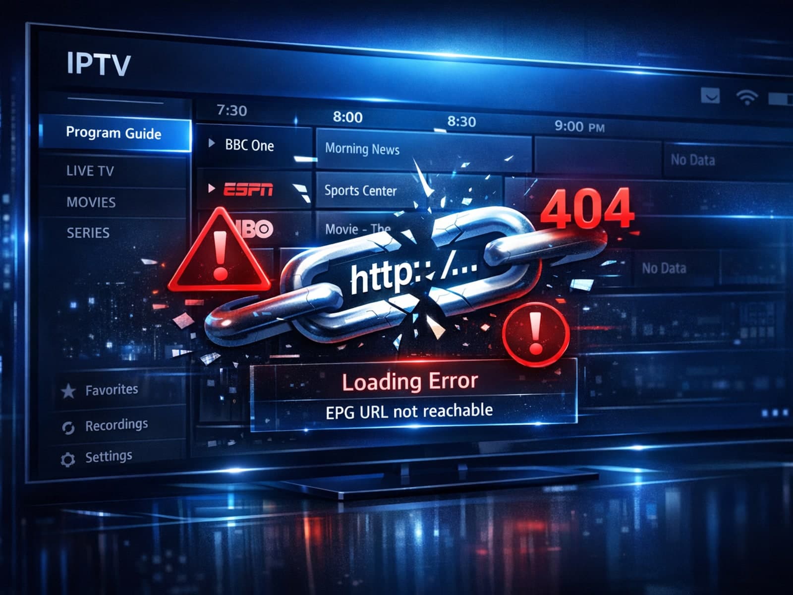 Illustration of a TV screen displaying IPTV EPG with a broken URL symbol overlay