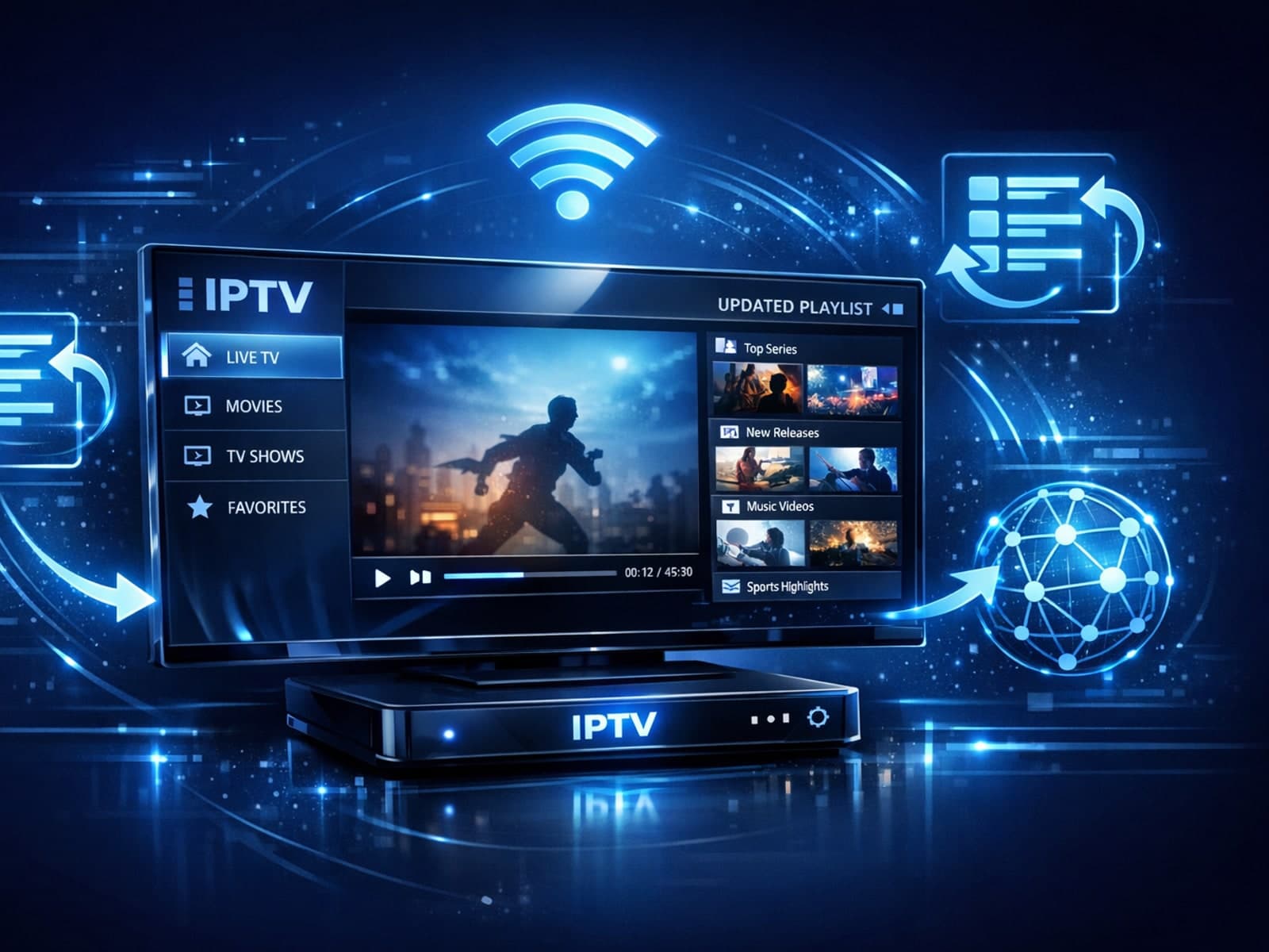 Abstract dark blue IPTV interface with playlist update icons and sync symbols