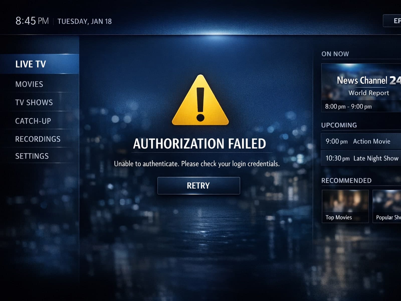 TiviMate app showing Xtream Codes authorization failed error message