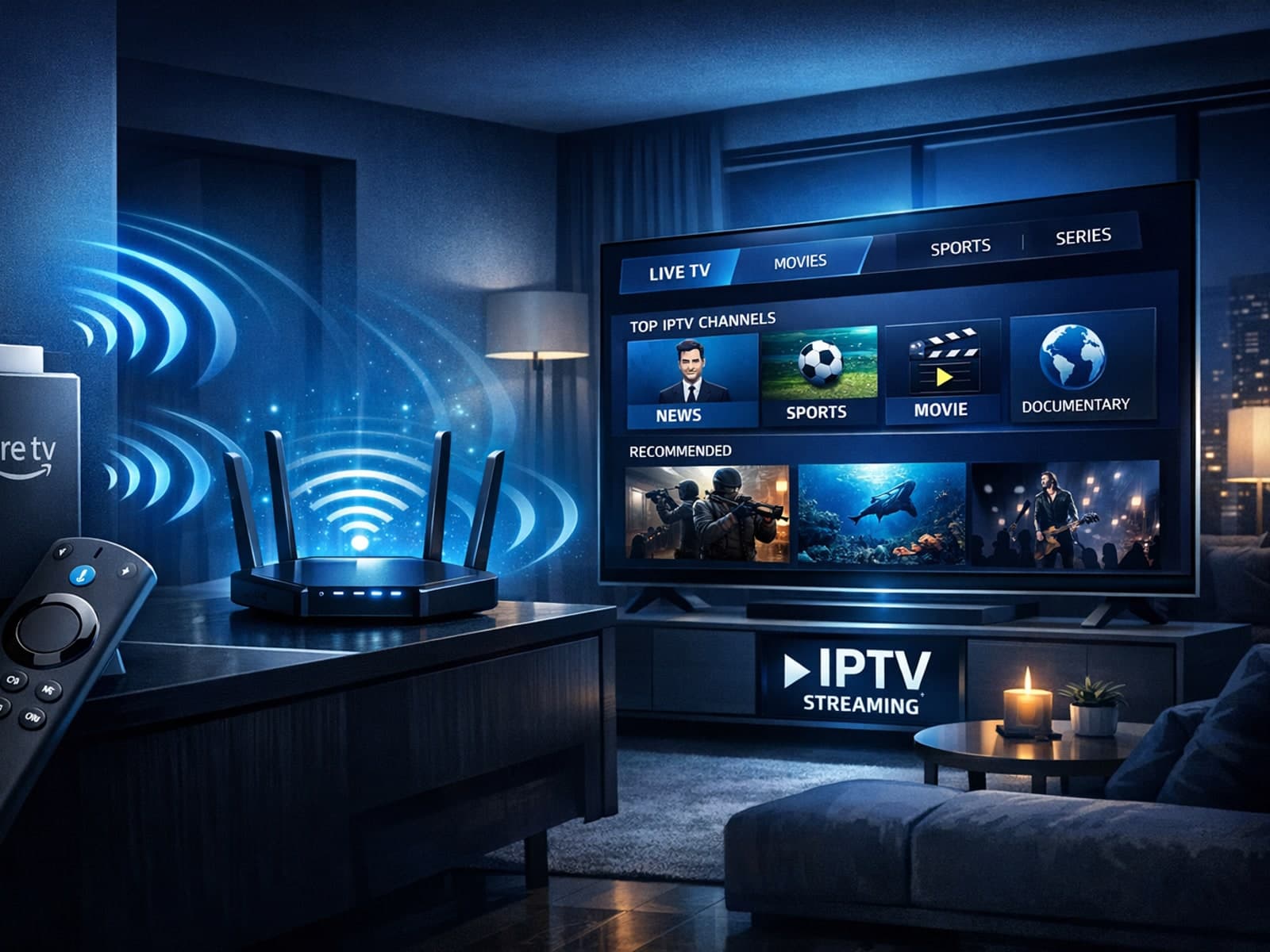 Fire TV Stick connected to WiFi router with IPTV streaming on screen