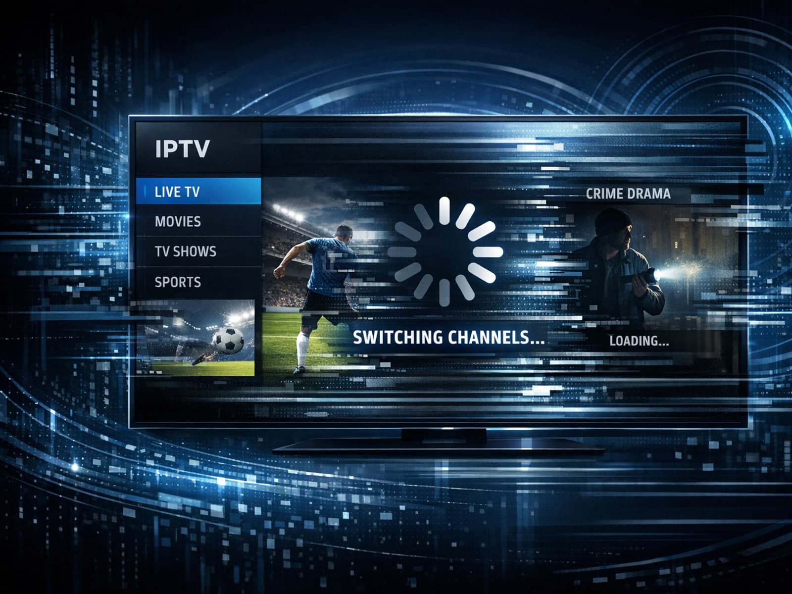 Illustration of a digital TV screen freezing while switching IPTV channels with dark blue technology background