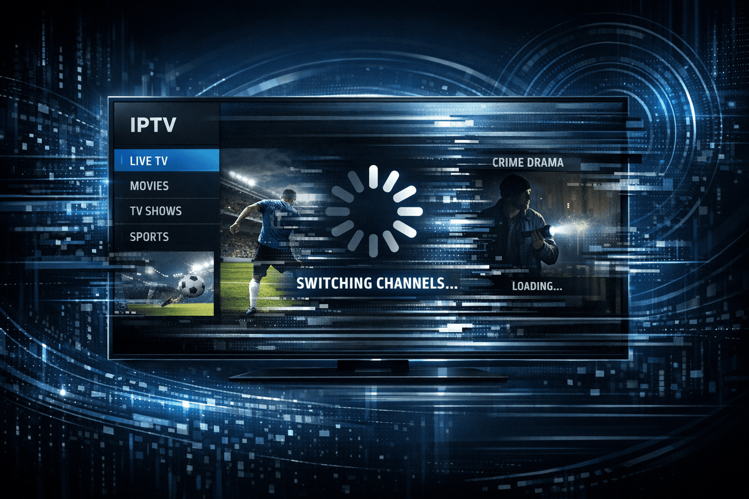 Illustration of a digital TV screen freezing while switching IPTV channels with dark blue technology background