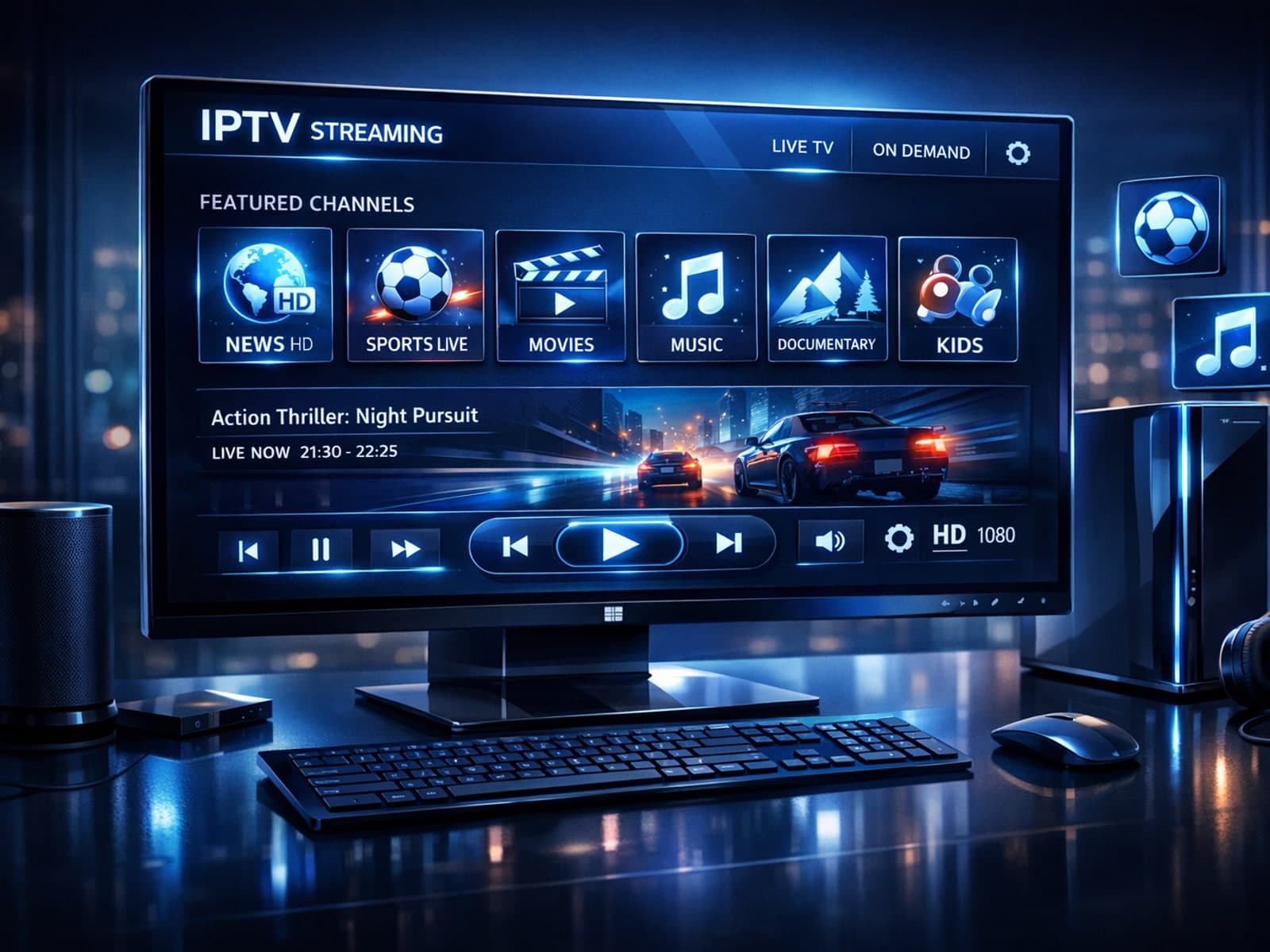 Dark blue-themed high-tech IPTV interface on a Windows desktop screen