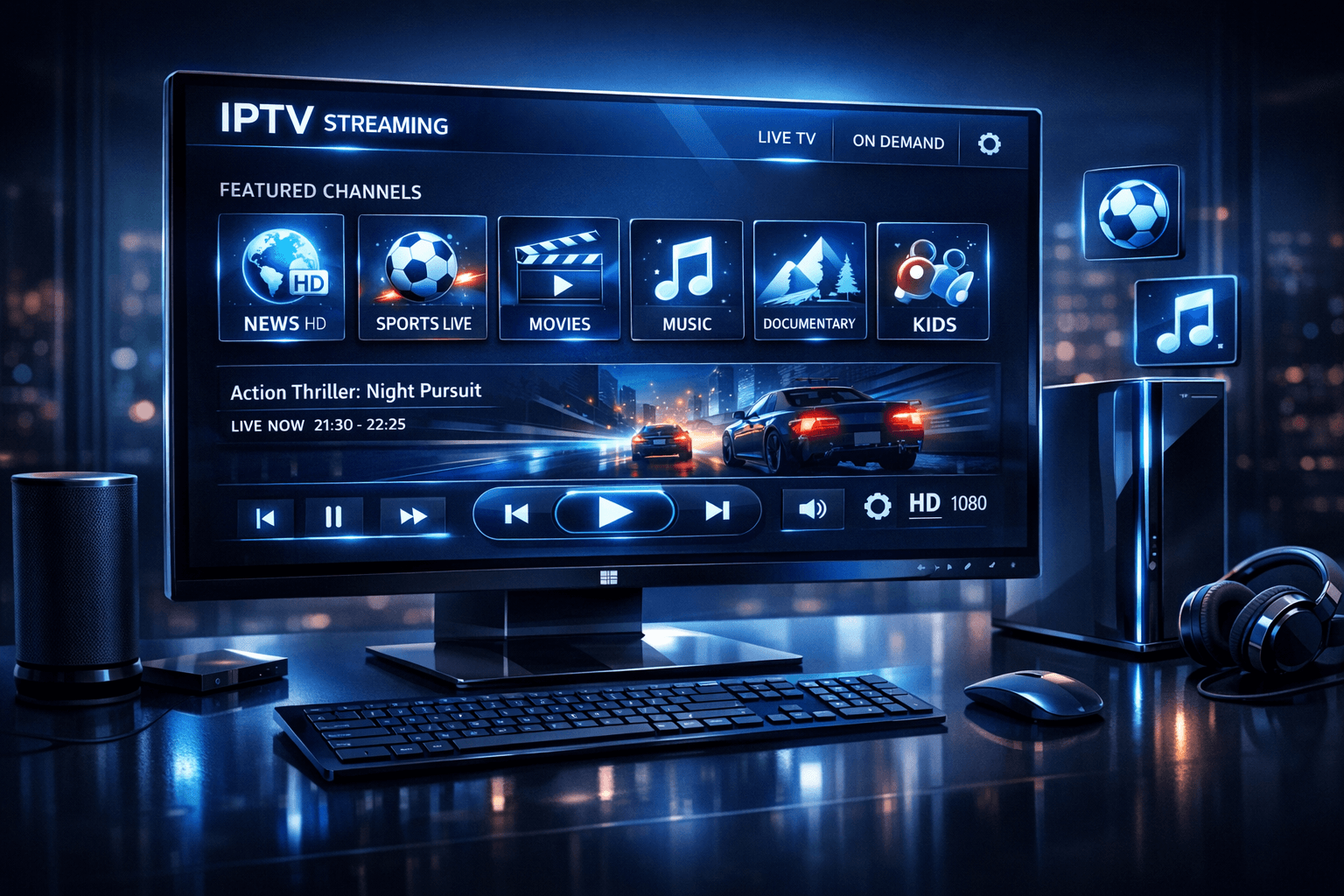 Dark blue-themed high-tech IPTV interface on a Windows desktop screen
