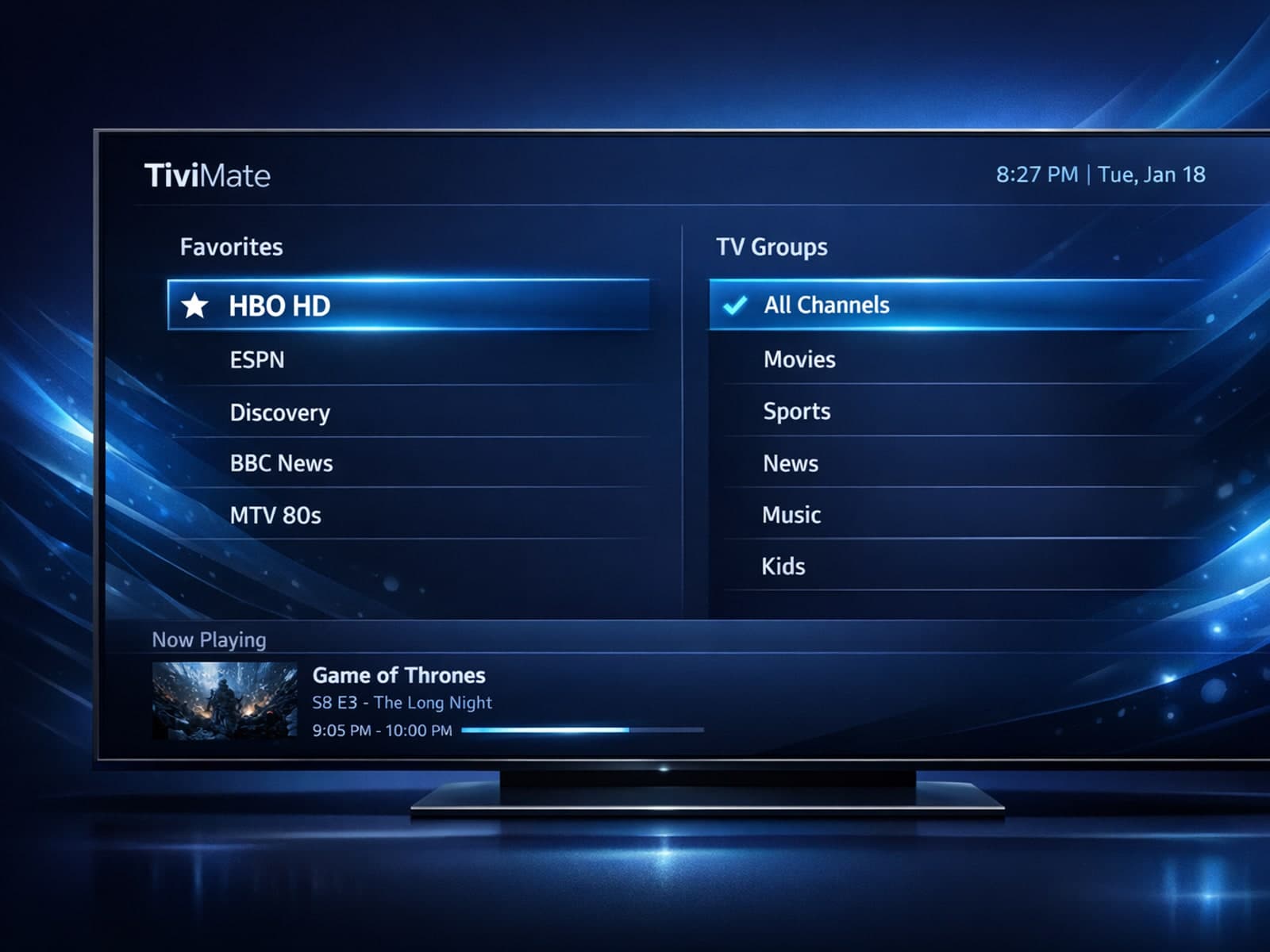 Screenshot of TiviMate IPTV app showing organized favorites and channel groups on a dark blue themed interface