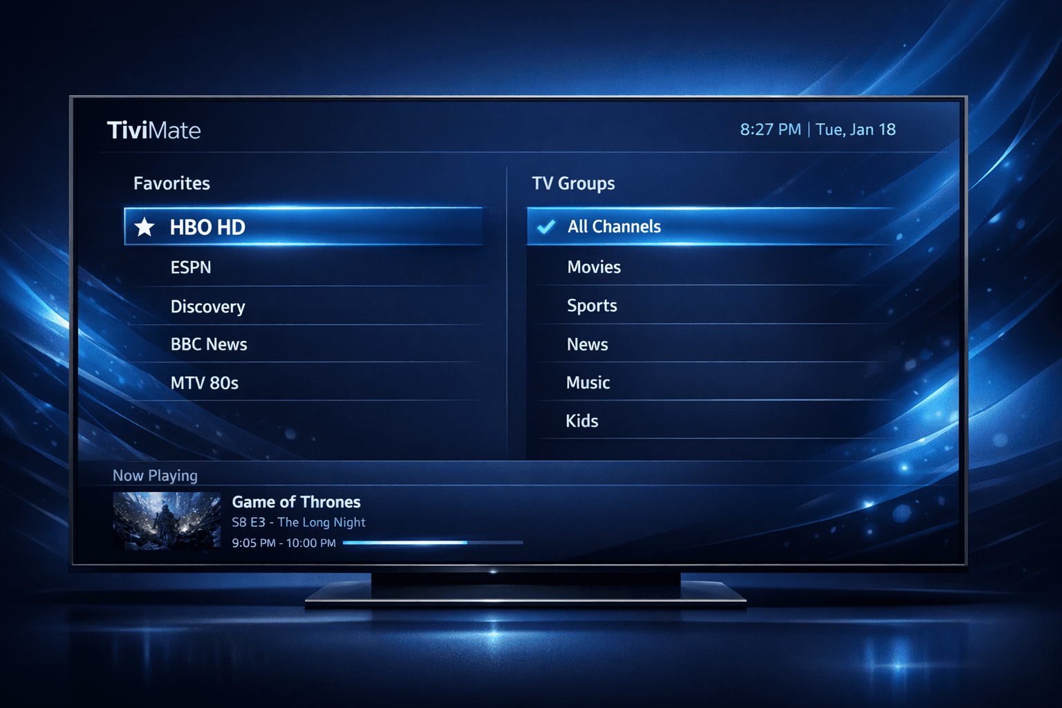 Screenshot of TiviMate IPTV app showing organized favorites and channel groups on a dark blue themed interface