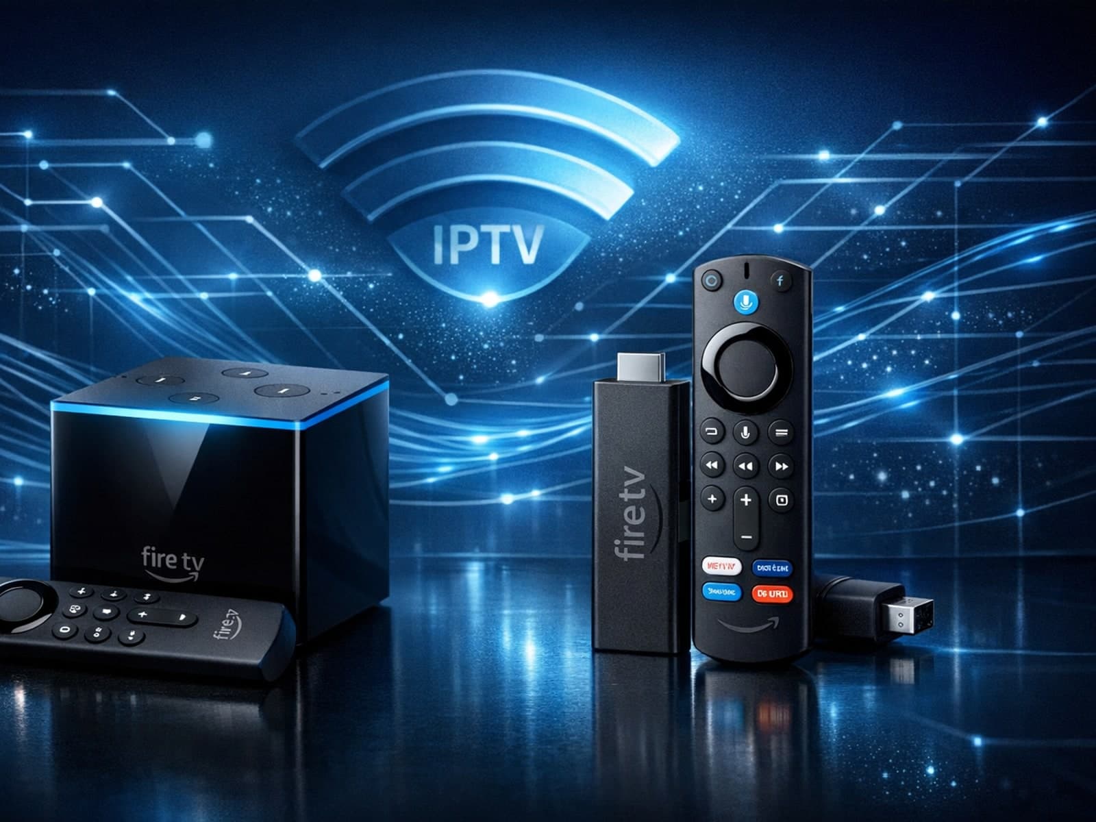 Editorial style image of Fire TV Cube and Fire TV Stick 4K Max devices against a dark blue IPTV background