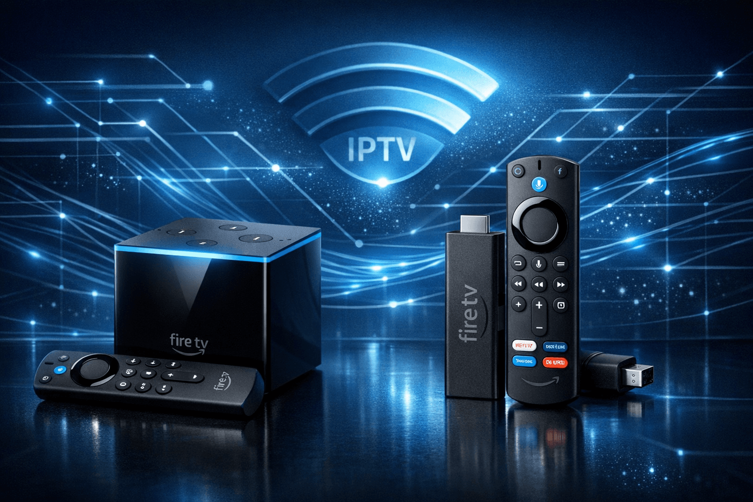 Editorial style image of Fire TV Cube and Fire TV Stick 4K Max devices against a dark blue IPTV background