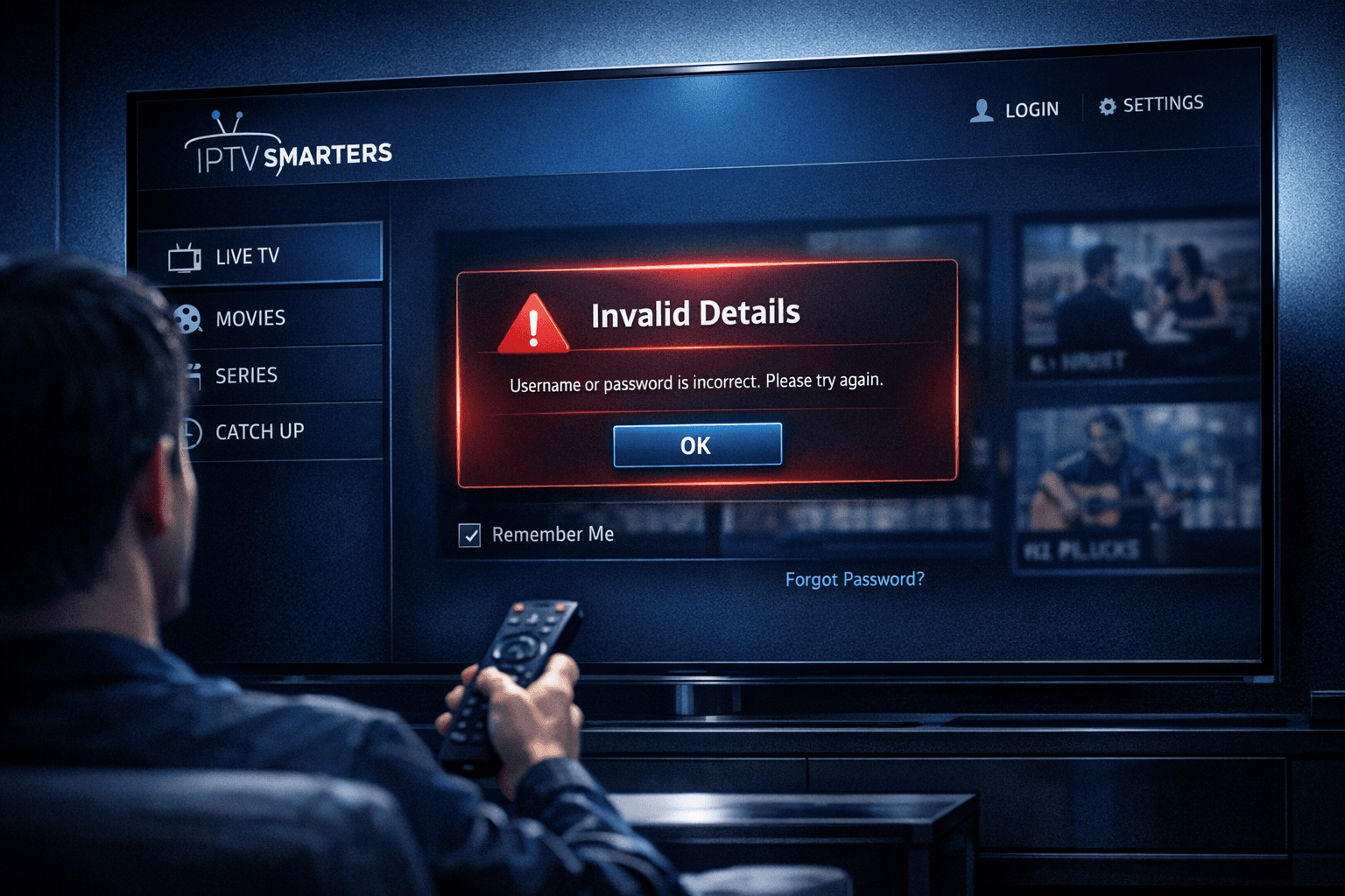 IPTV Smarters app login screen showing Invalid Details error message