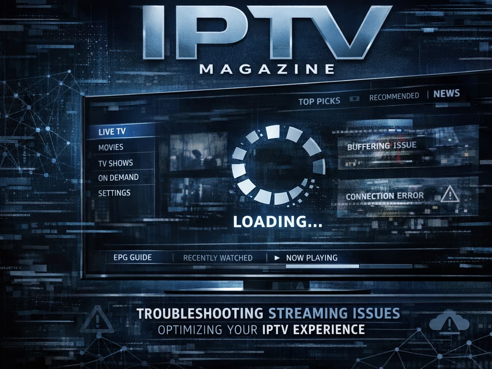 Illustration of a digital IPTV interface with a playlist refresh icon and troubleshooting symbols on a dark blue background.