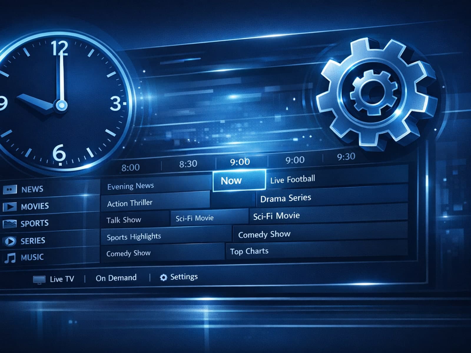 Illustration of a digital TV guide with a clock and settings gear icon