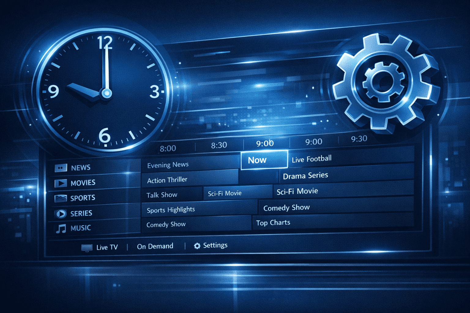 Illustration of a digital TV guide with a clock and settings gear icon